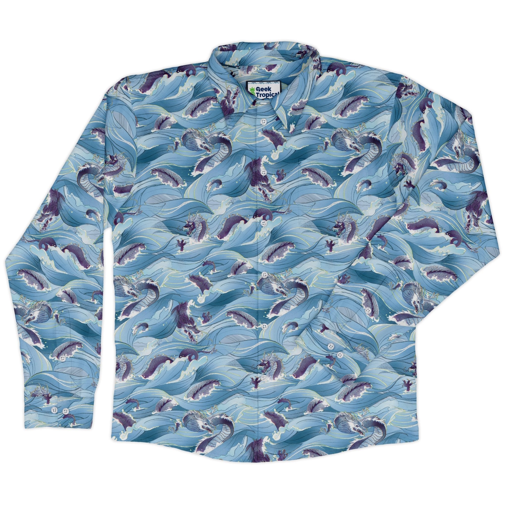 Serpent of the Sea Blue Anime Long Sleeve Button Up Shirt Geek Nerd adult sizing Anime Design by Claire Murphy