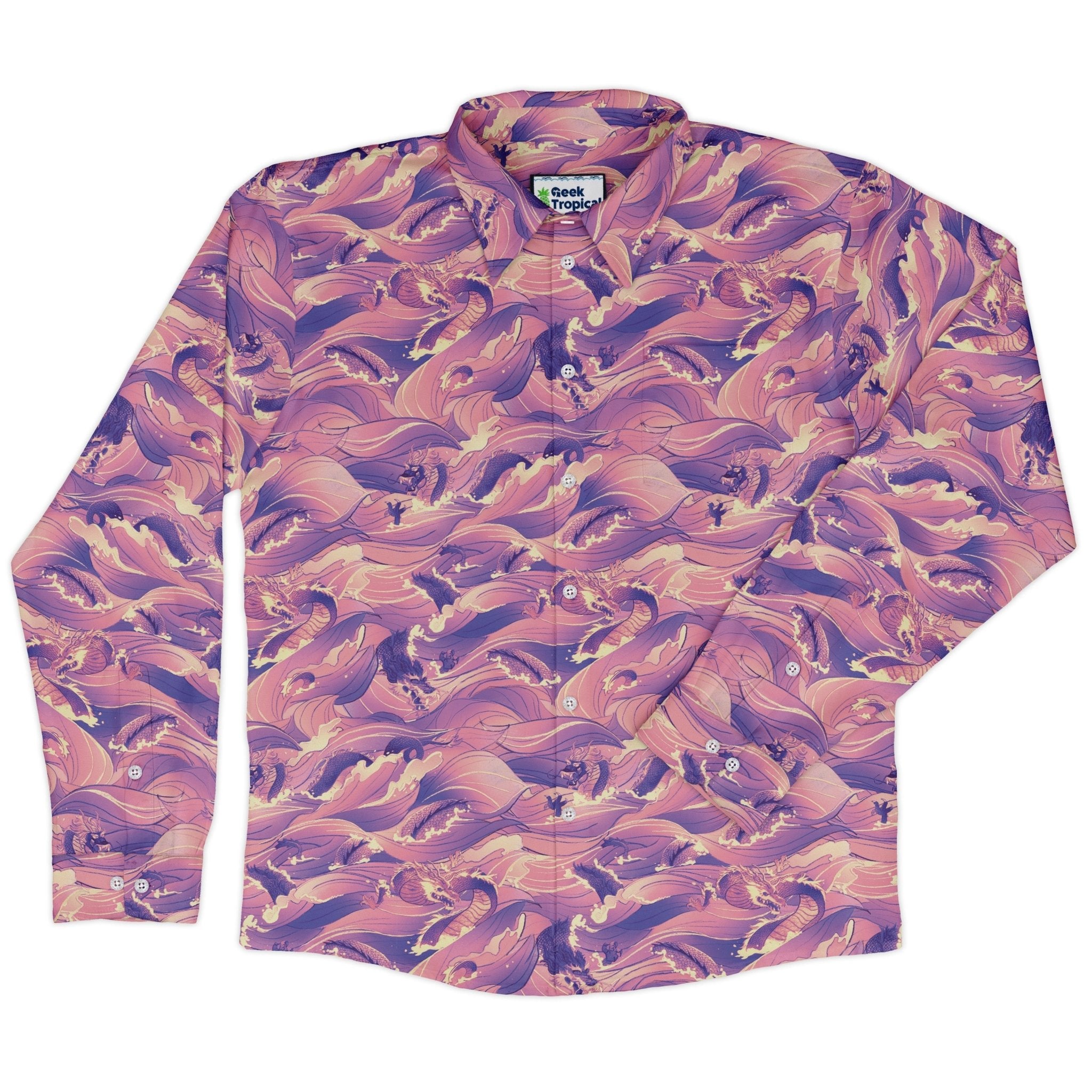 Serpent of the Sea Pink Anime Long Sleeve Button Up Shirt Geek Nerd adult sizing Anime Design by Claire Murphy