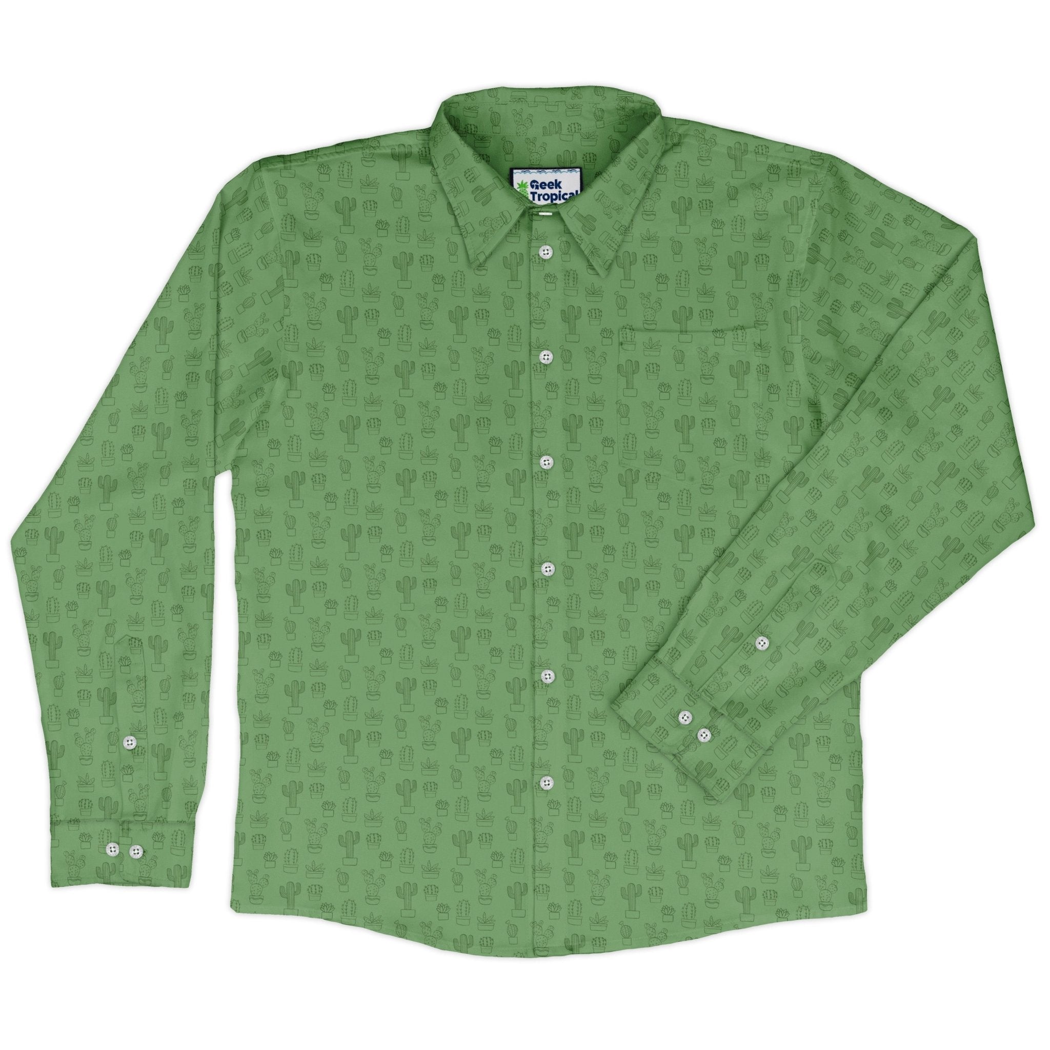 Simple Cactus Long Sleeve Button Up Shirt Geek Nerd adult sizing Botany Print FLOW DESC WRITING