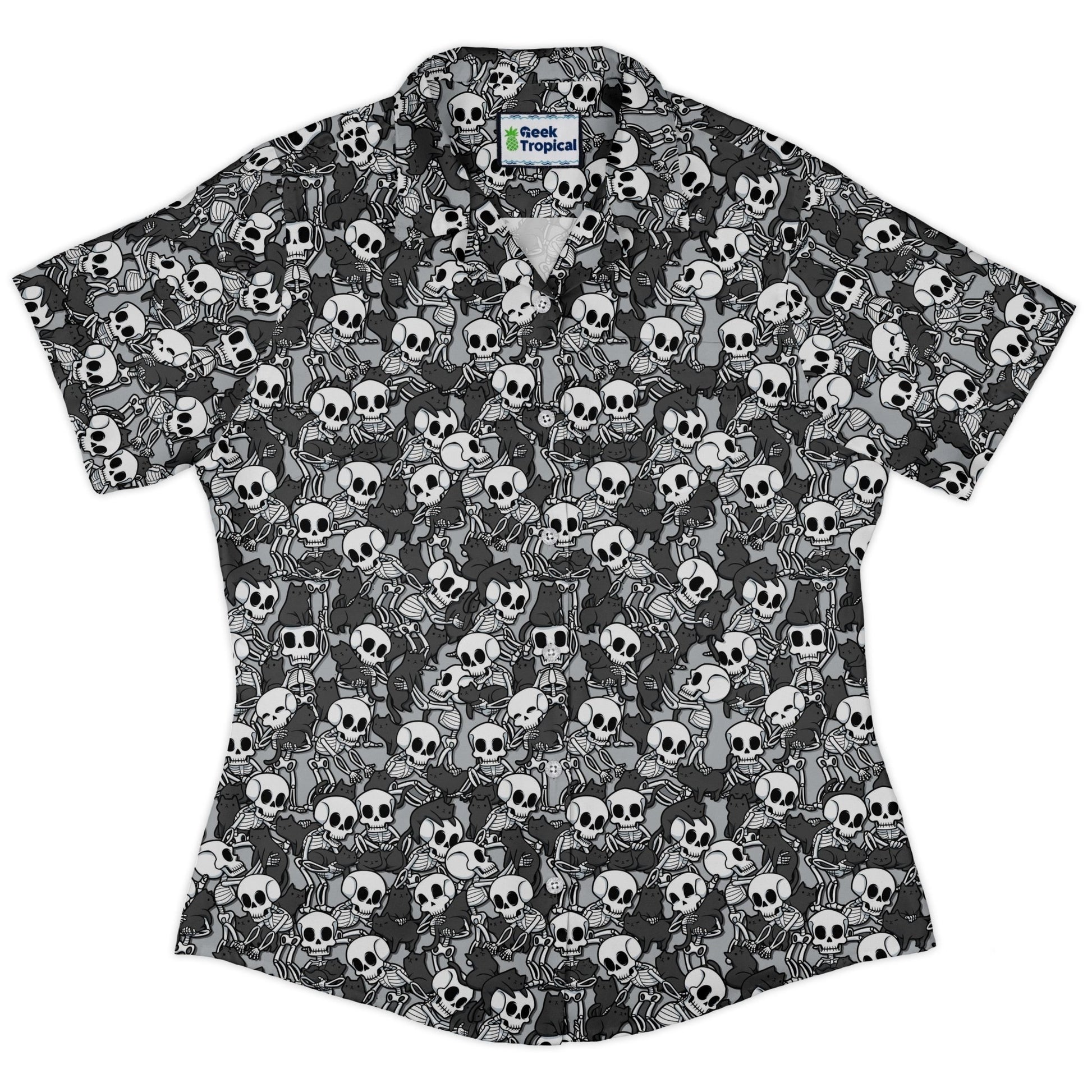 Skeleton Cat Love Curvy Button Up Shirt Geek Nerd 0925 All Adult Button Up Shirts Animal Patterns