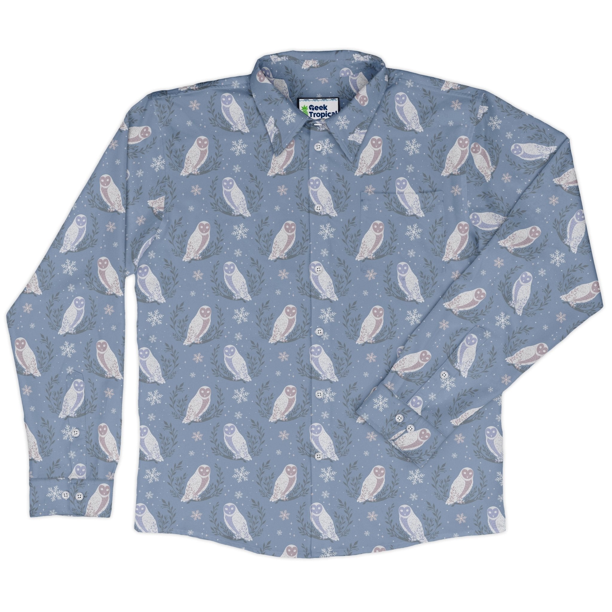 Snow Owl Moon Long Sleeve Button Up Shirt Geek Nerd adult sizing Botany Print Christmas Print