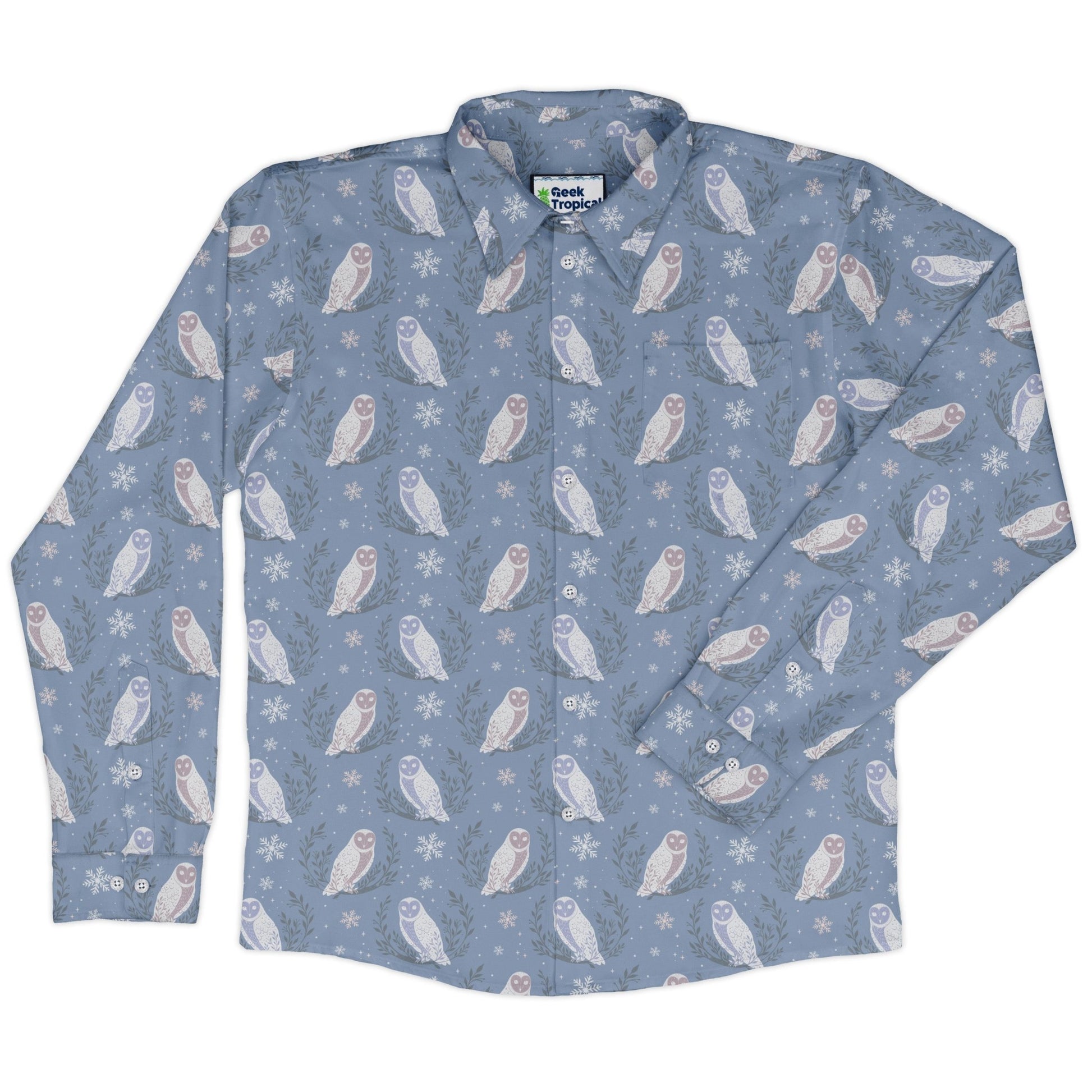Snow Owl Moon Long Sleeve Button Up Shirt Geek Nerd adult sizing Botany Print Christmas Print