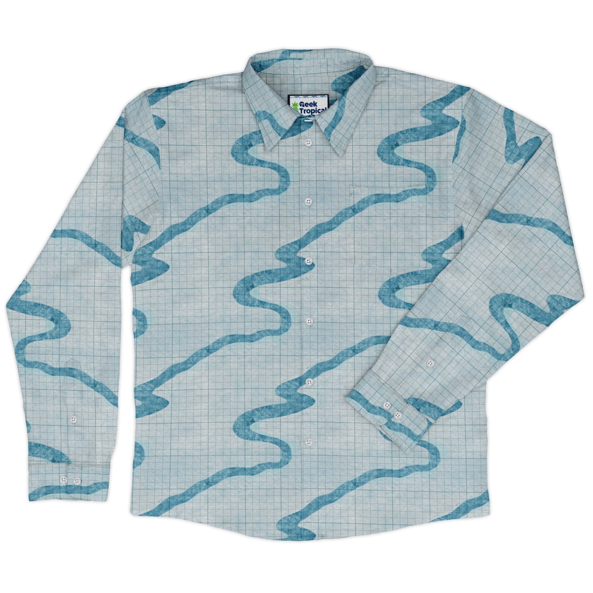 Snowy Dnd Battle Map Long Sleeve Button Up Shirt Geek Nerd adult sizing Christmas Print Designs by Nathan