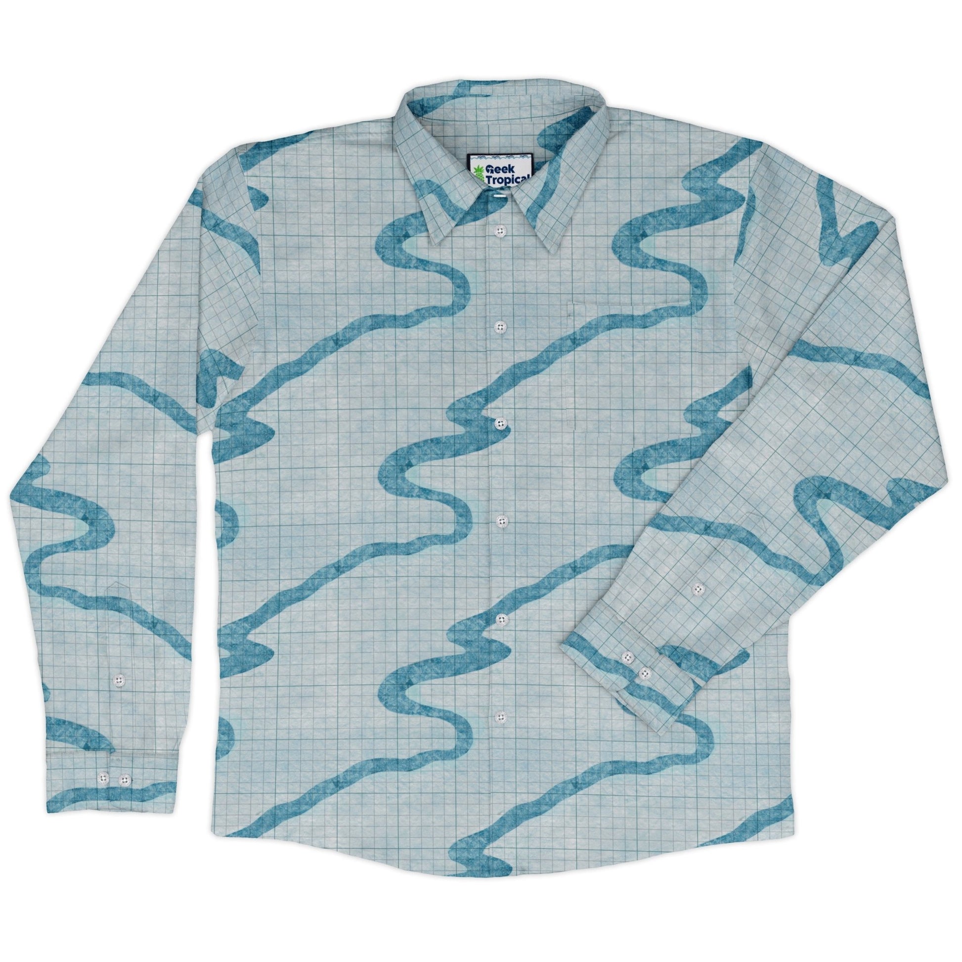 Snowy Dnd Battle Map Long Sleeve Button Up Shirt Geek Nerd adult sizing Christmas Print Designs by Nathan