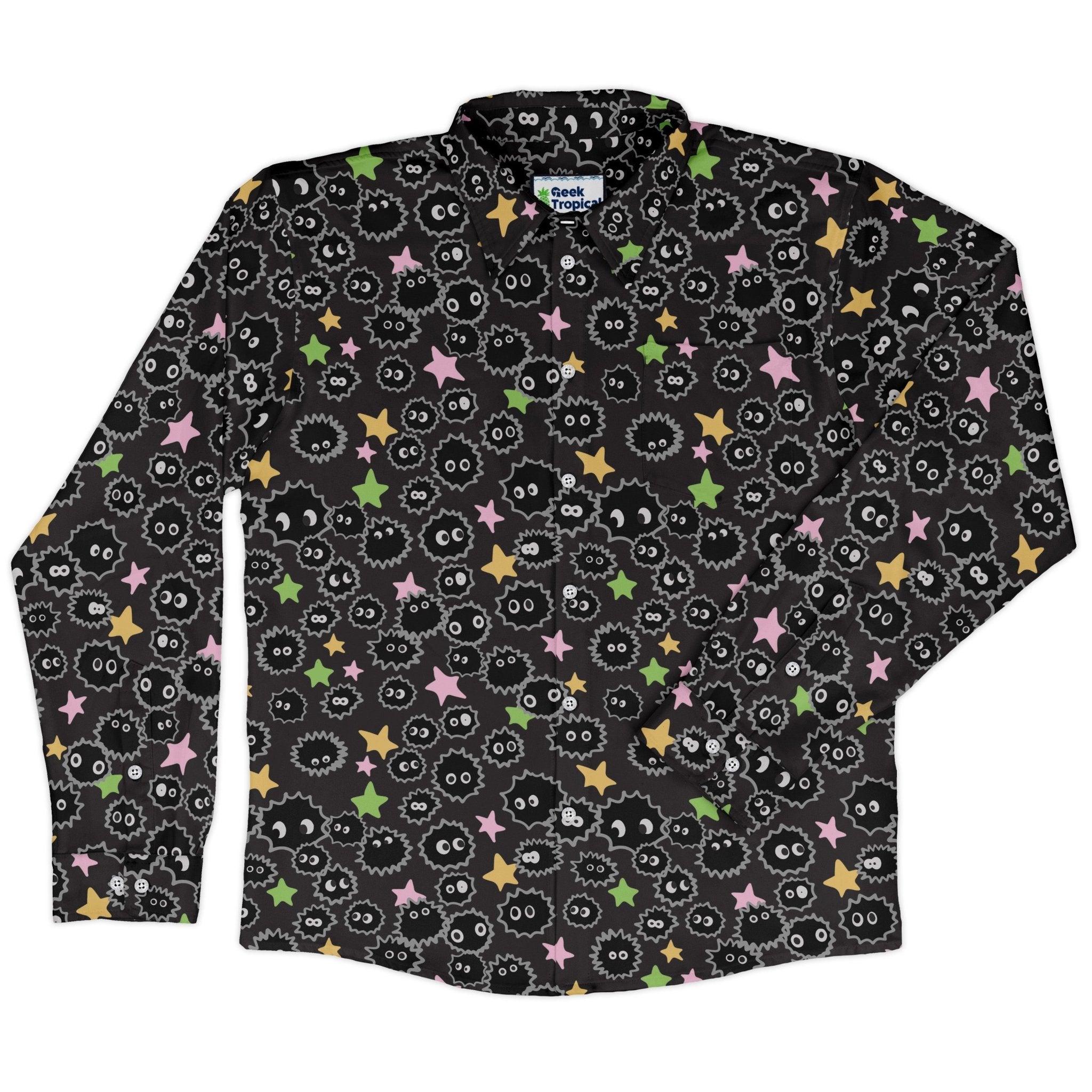 Sootsprites Anime Long Sleeve Button Up Shirt Geek Nerd adult sizing Anime Design by Heather Davenport