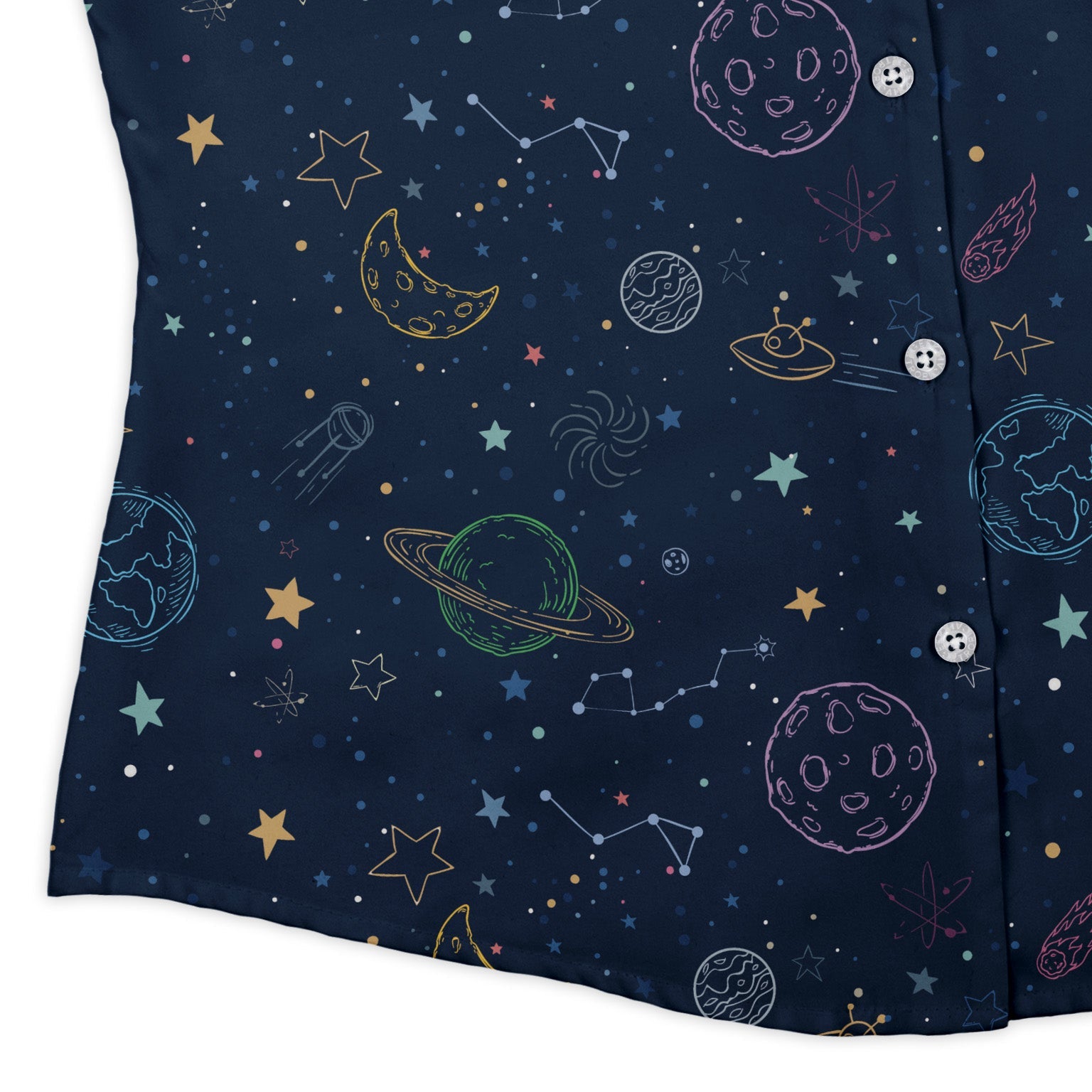 Space Doodles Blue Curvy Button Up Shirt Geek Nerd outer space & astronaut print Simple Patterns women
