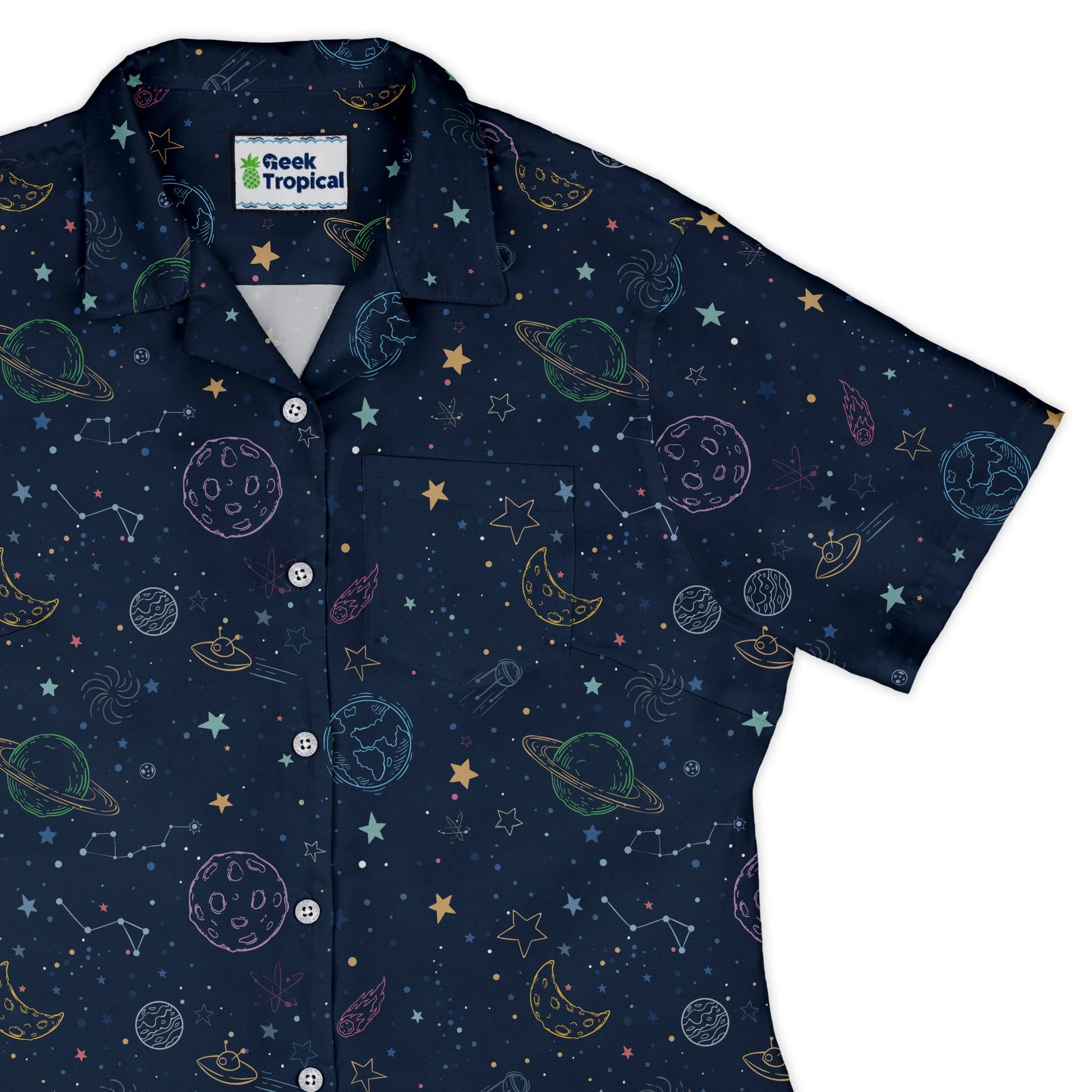Space Doodles Blue Curvy Button Up Shirt Geek Nerd outer space & astronaut print Simple Patterns women