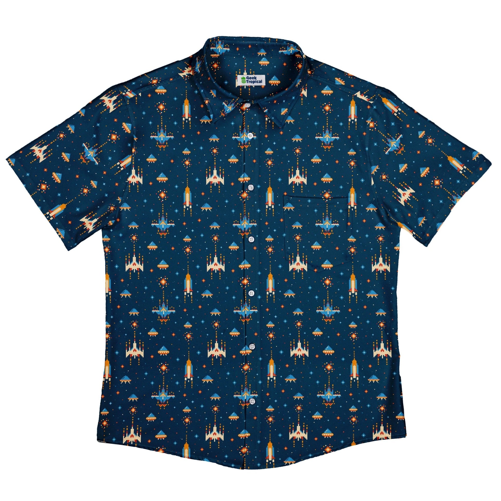 Ready - to - Ship Space Retro Arcade Button Up Shirt Geek Nerd adult sizing fix outer space & astronaut print