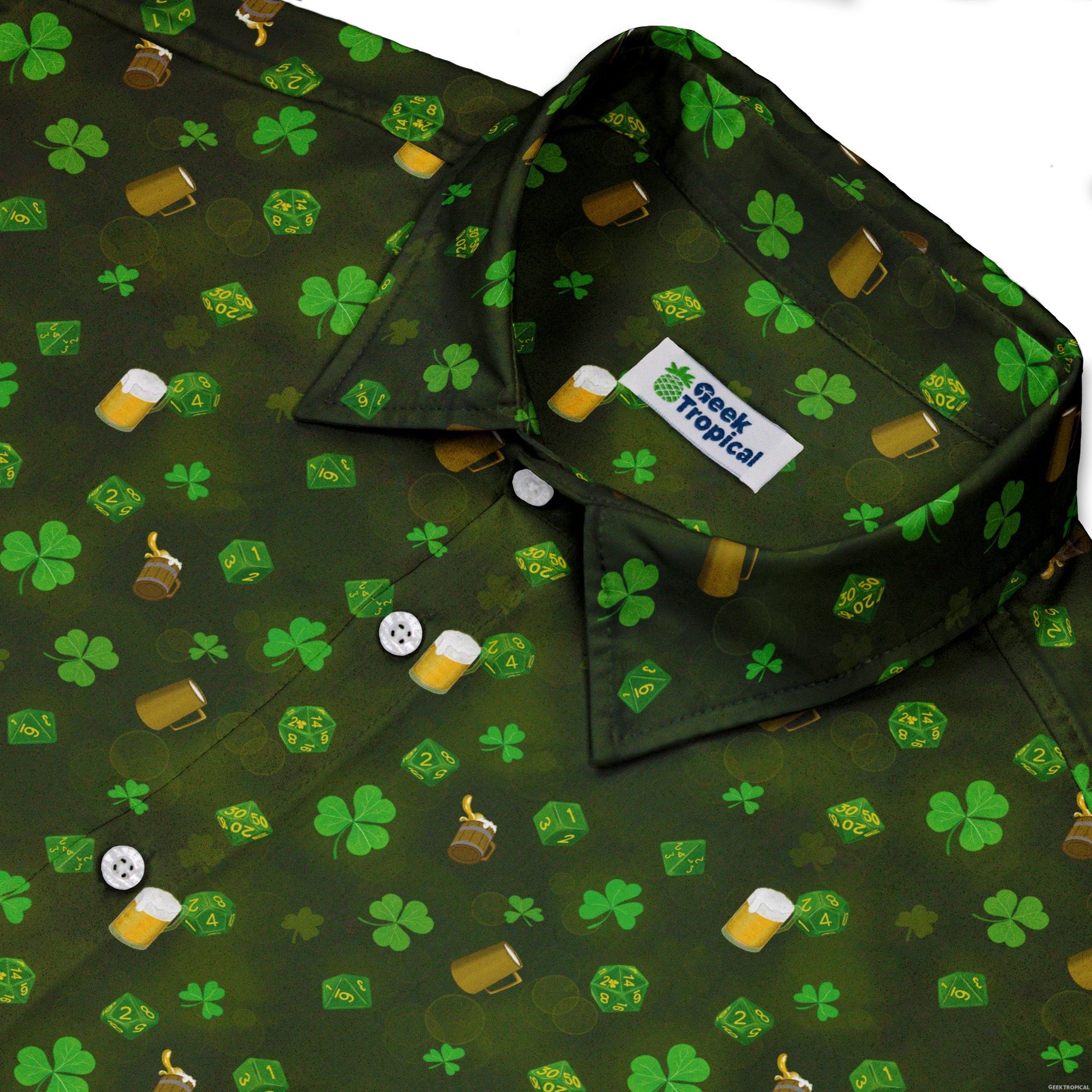St. Patrick's Day DND Dice Button Up Shirt - adult sizing - Designs by Nathan - dnd & rpg print