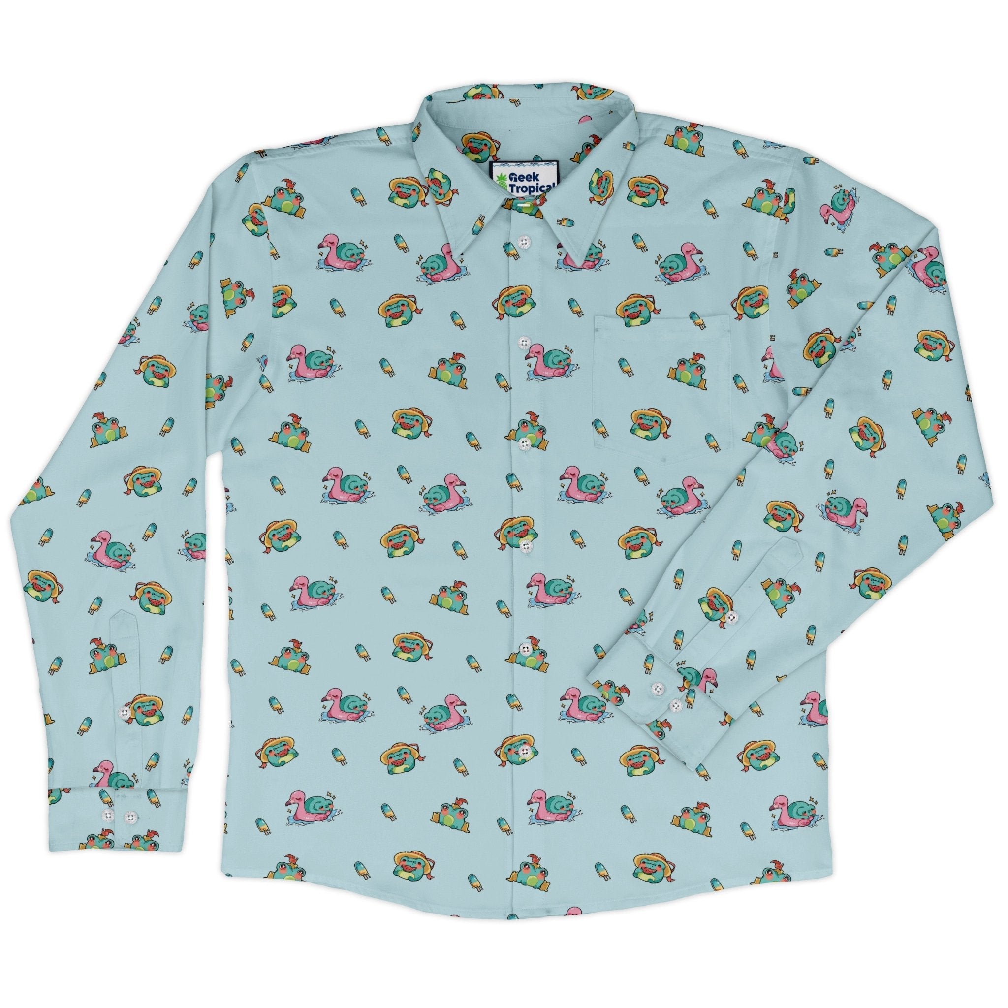 Summer Frogs Anime Long Sleeve Button Up Shirt Geek Nerd adult sizing Animal Patterns Anime