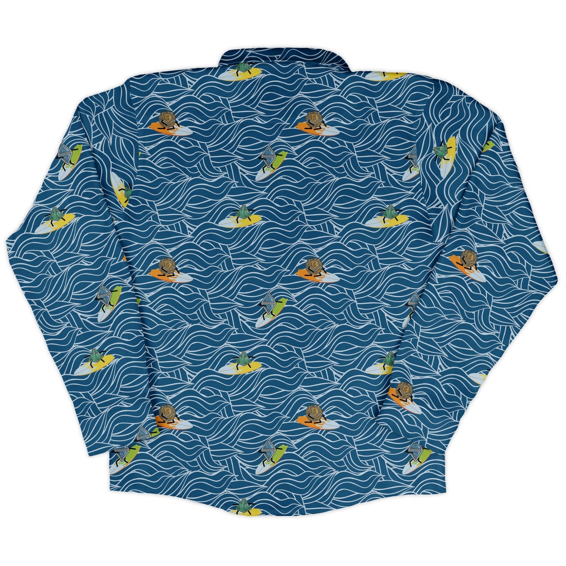 Surf and Roll Dnd Dice Long Sleeve Button Up Shirt Geek Nerd adult sizing Design by Dunking Toast dnd & rpg print