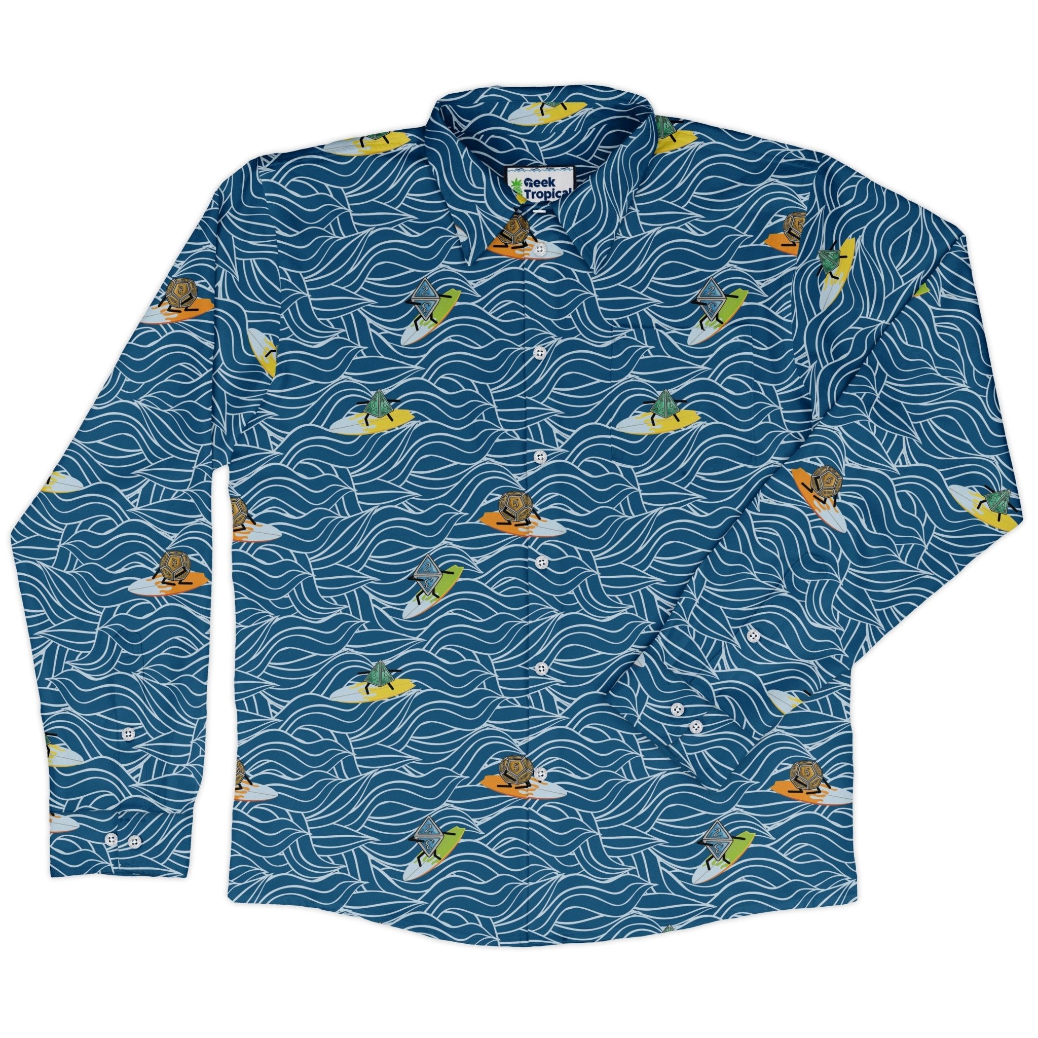 Surf and Roll Dnd Dice Long Sleeve Button Up Shirt Geek Nerd adult sizing Design by Dunking Toast dnd & rpg print