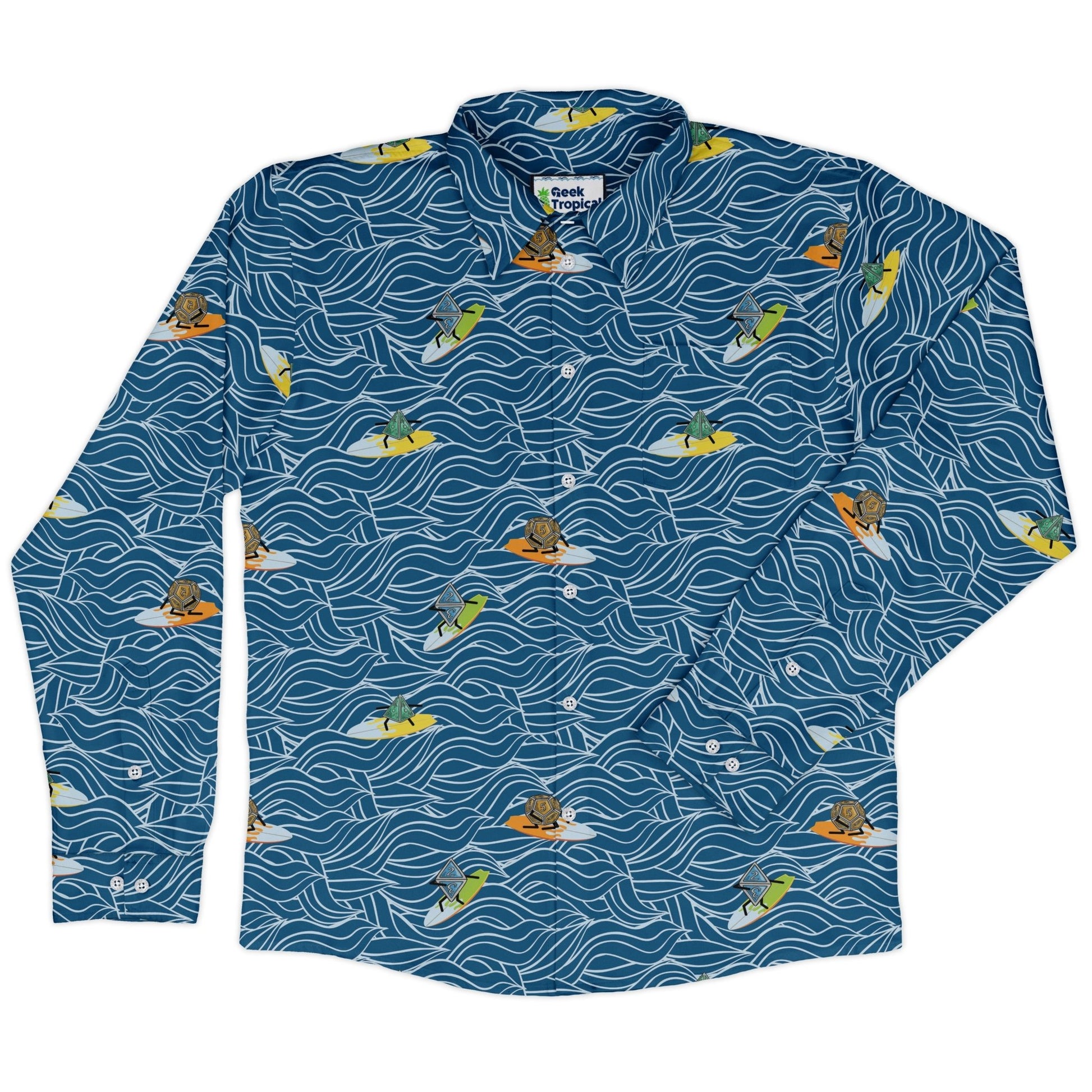 Surf and Roll Dnd Dice Long Sleeve Button Up Shirt Geek Nerd adult sizing Design by Dunking Toast dnd & rpg print