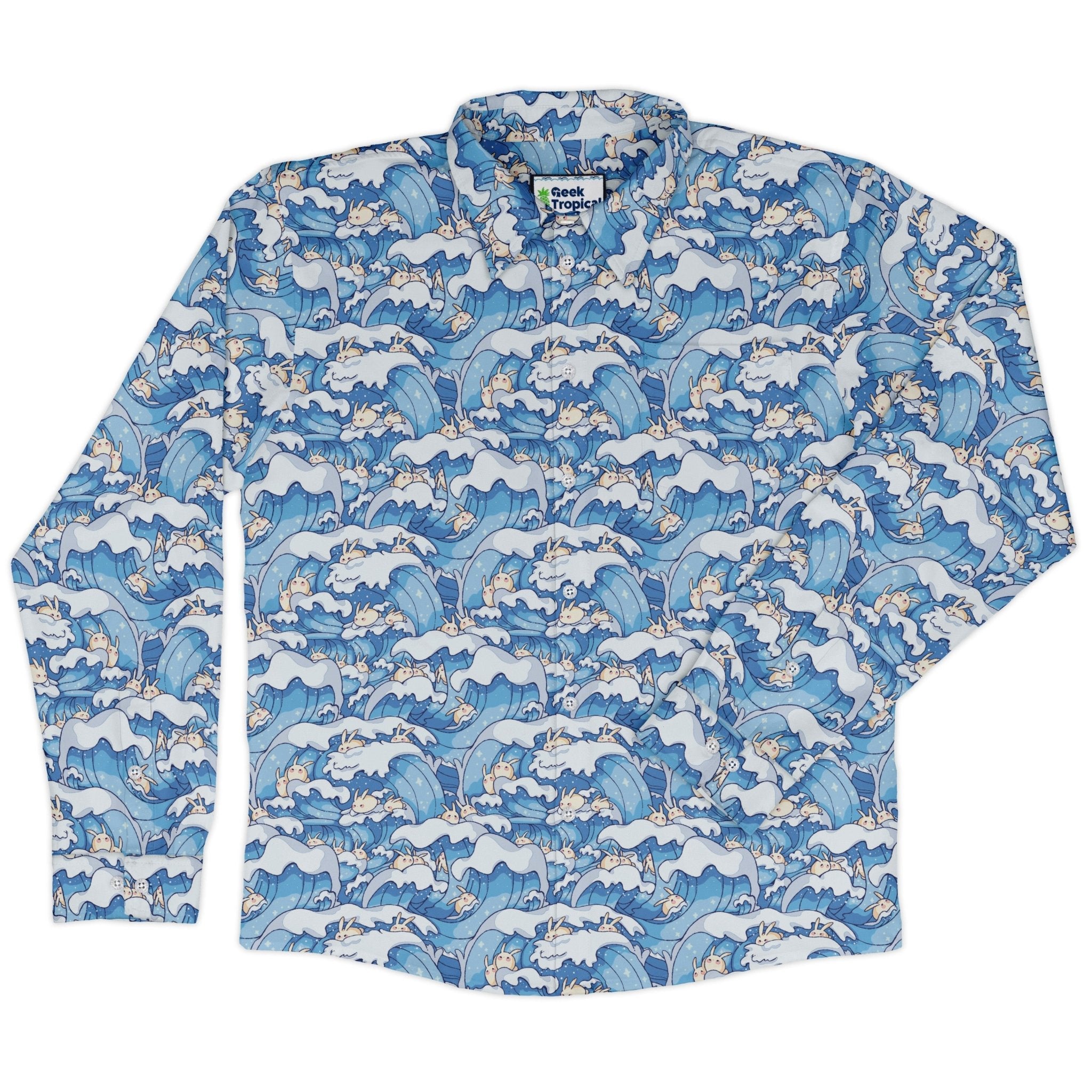 Surfer Bunnies Anime Long Sleeve Button Up Shirt Geek Nerd adult sizing Animal Patterns Anime