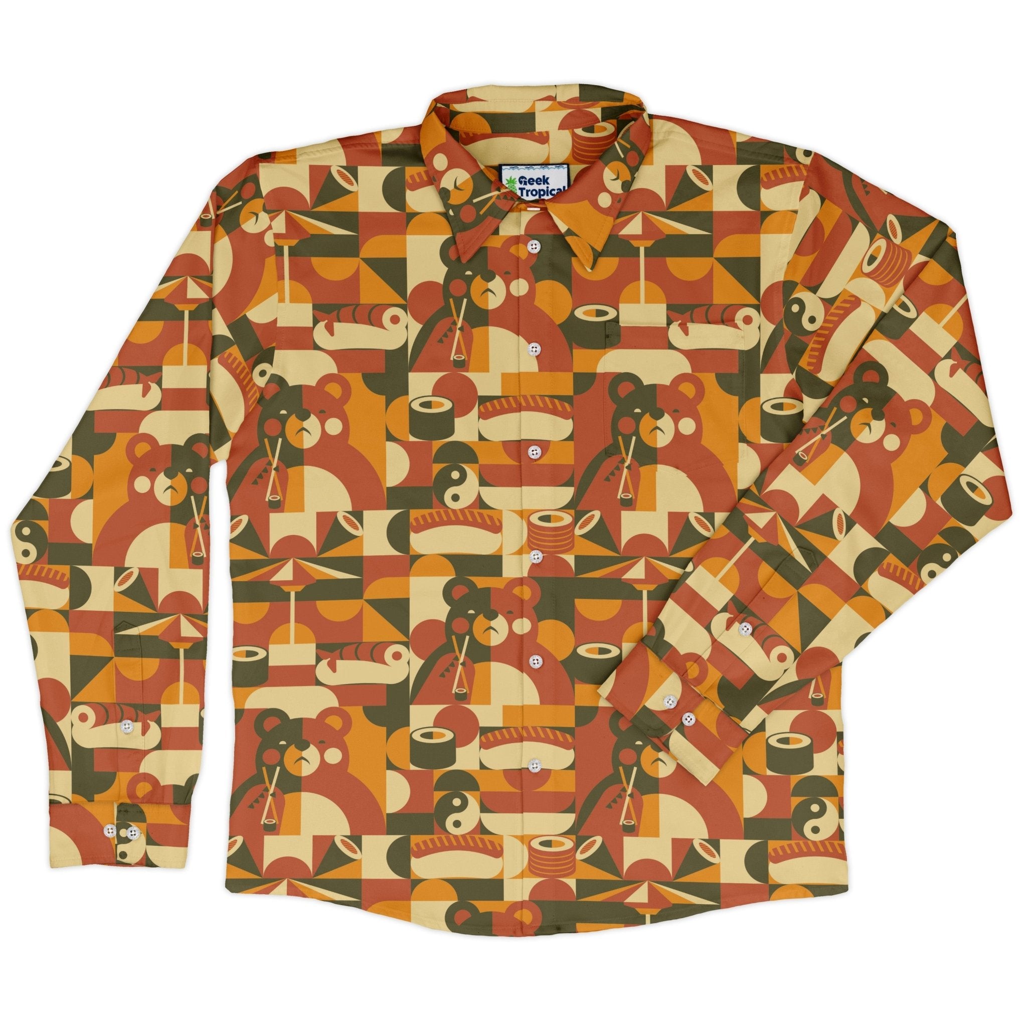 Sushi Eating Bear Anime Long Sleeve Button Up Shirt Geek Nerd adult sizing Animal Patterns Anime
