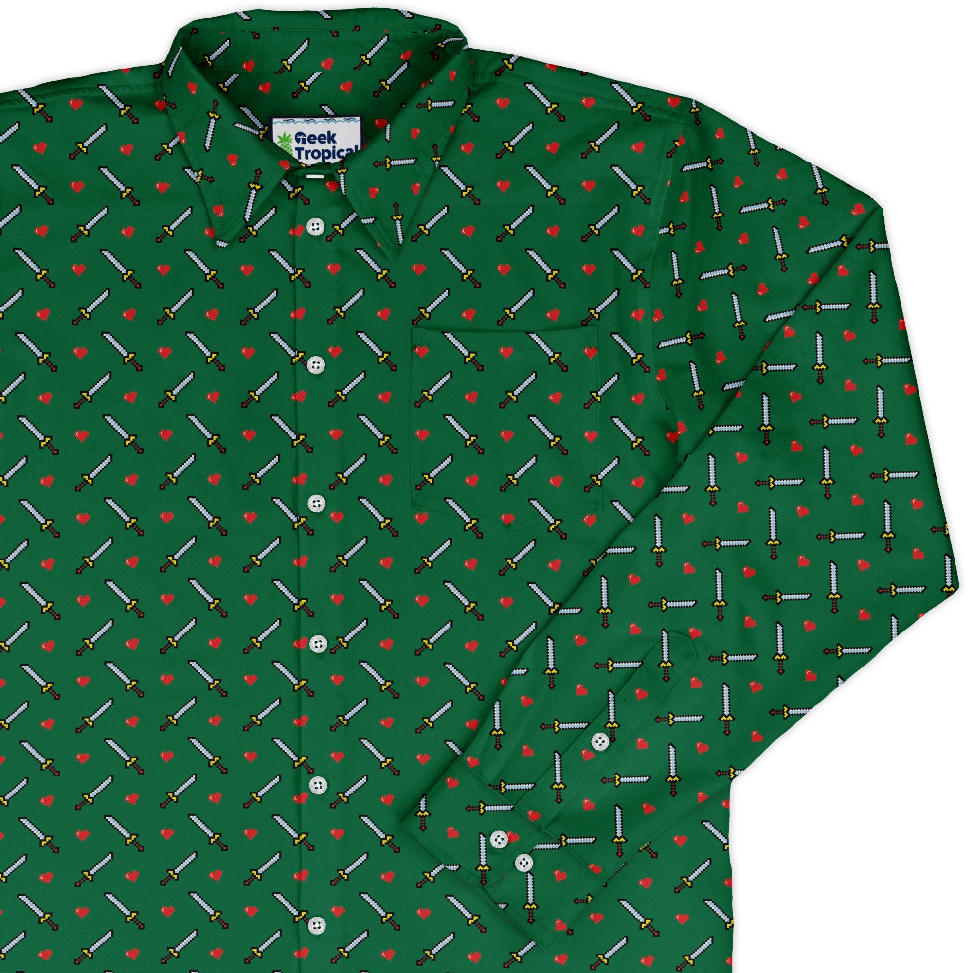 Sword and hearts video game green Long Sleeve Button Up Shirt