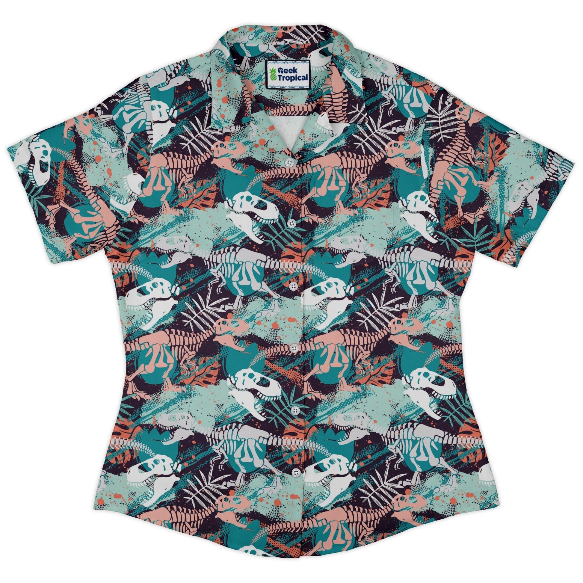T - Rex Bones Footprints Green Dinosaur Curvy Button Up Shirt Geek Nerd dinosaur print Maximalist Patterns Tropical Hawaiian Patterns