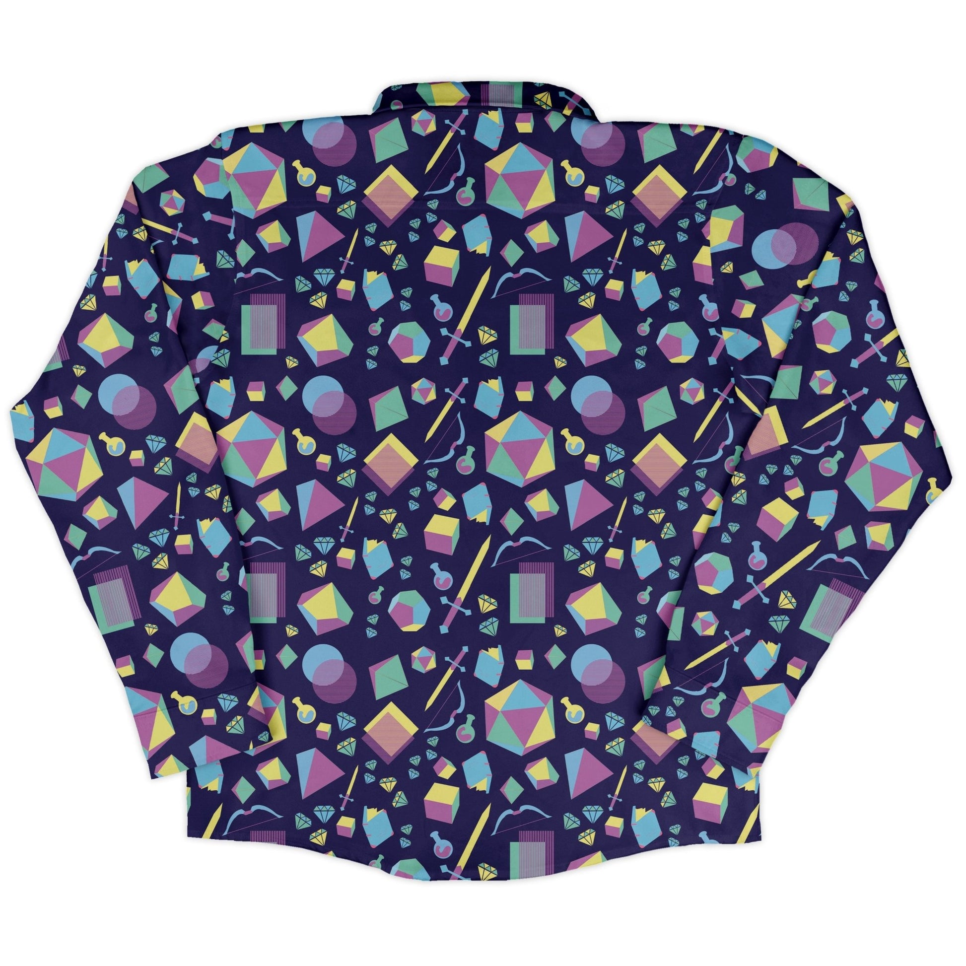 Tabletop RPG Weapons Items Purple Blue Dnd Long Sleeve Button Up Shirt Geek Nerd adult sizing dnd & rpg print FLOW DESC WRITING