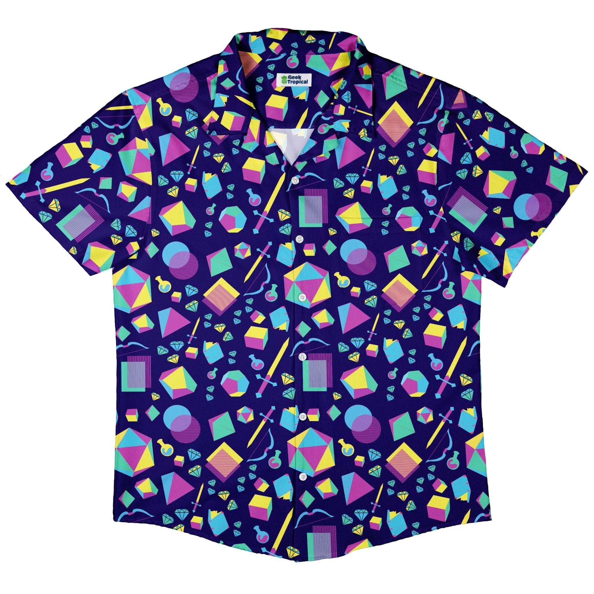 Tabletop RPG Weapons Items Purple Blue Dnd Button Up Shirt - adult sizing - dnd & rpg print - Maximalist Patterns