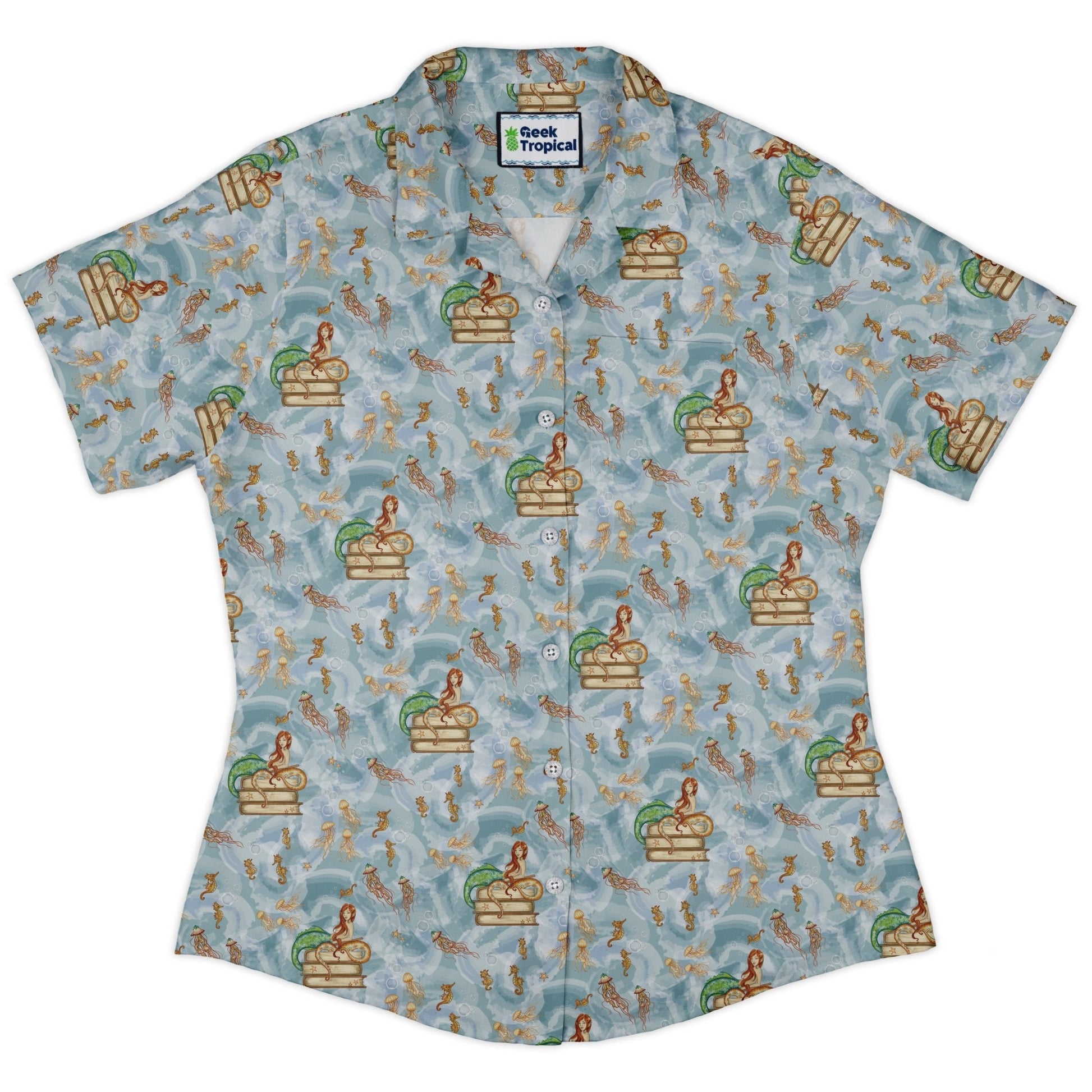 Tales of the Sea Curvy Button Up Shirt Geek Nerd Animal Patterns Book Prints Design by Amy Brown