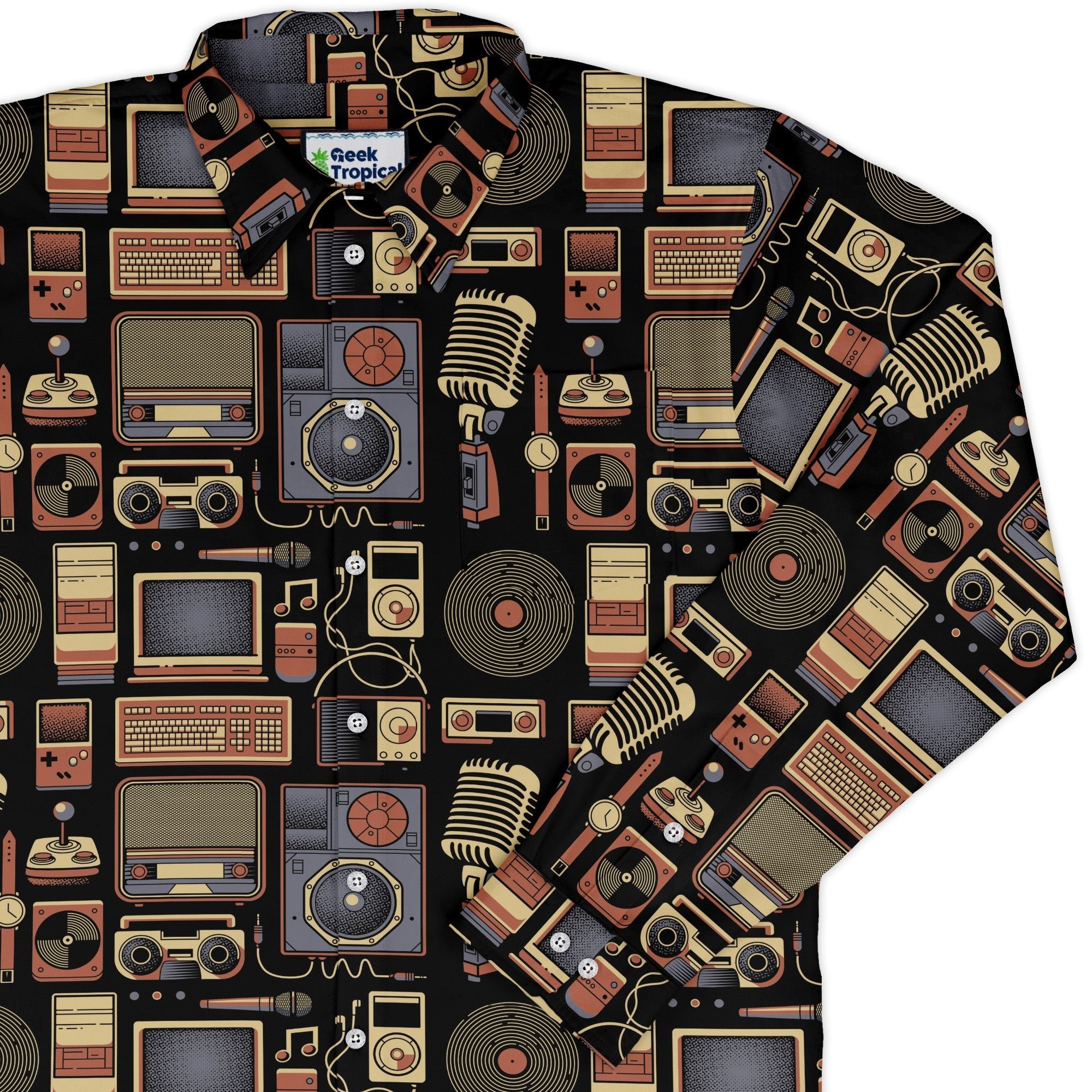 Throwback Tech Long Sleeve Button Up Shirt Geek Nerd adult sizing Design by Tobe Fonseca FLOW DESC WRITING
