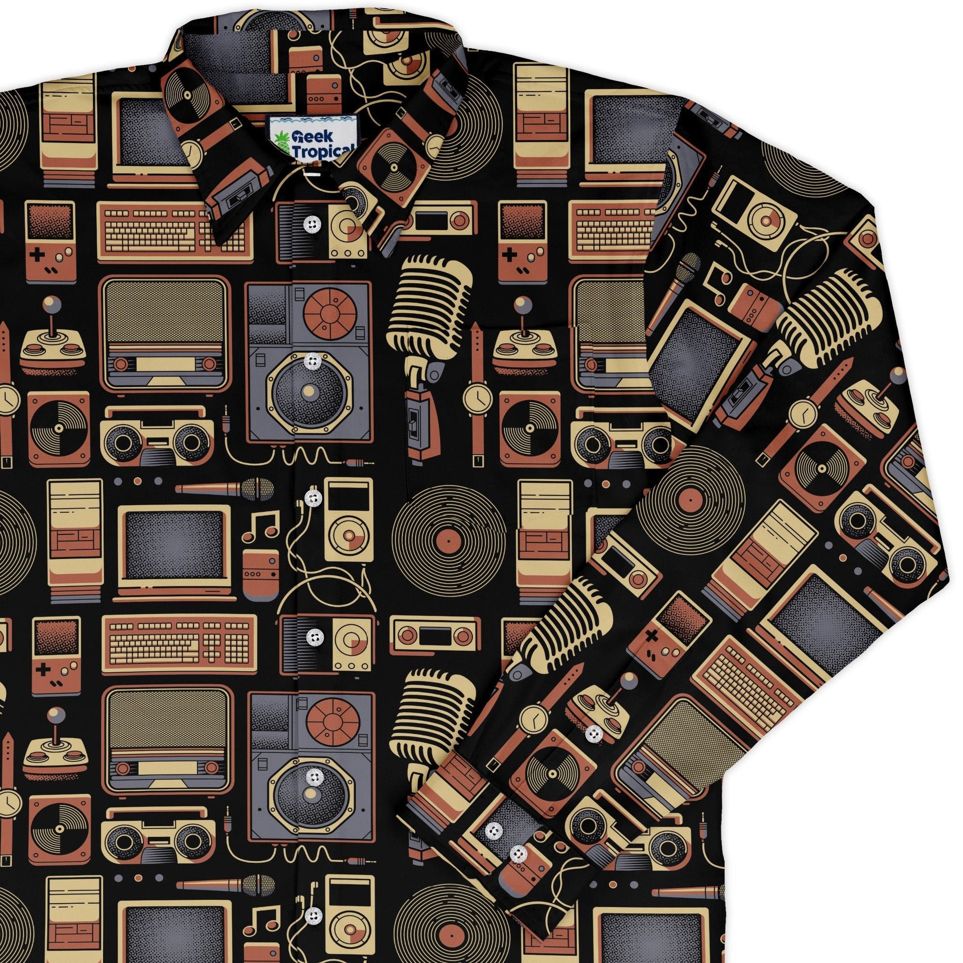 Throwback Tech Long Sleeve Button Up Shirt Geek Nerd adult sizing Design by Tobe Fonseca FLOW DESC WRITING