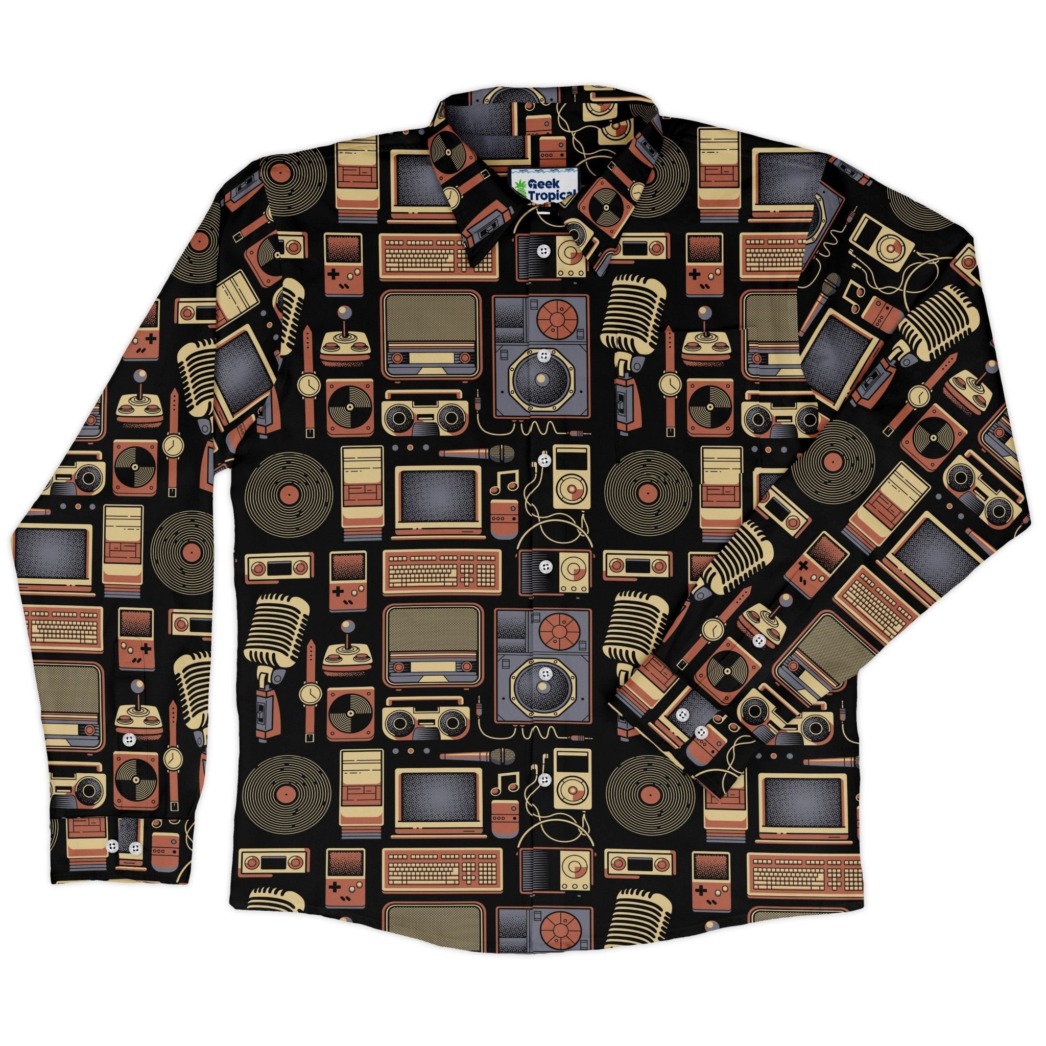Throwback Tech Long Sleeve Button Up Shirt Geek Nerd adult sizing Design by Tobe Fonseca FLOW DESC WRITING