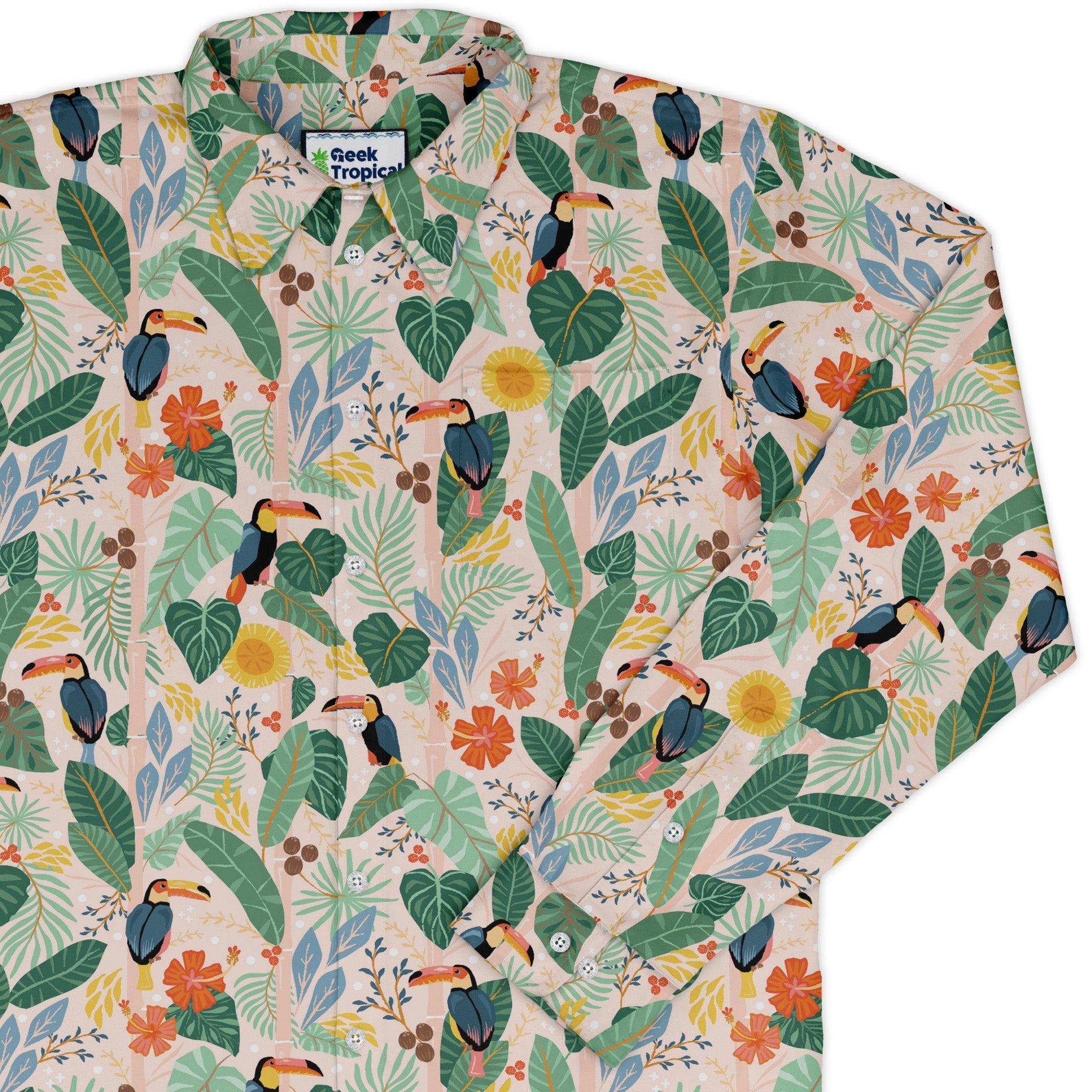 Toucan Tropica Long Sleeve Button Up Shirt Geek Nerd adult sizing animal patterns botany print