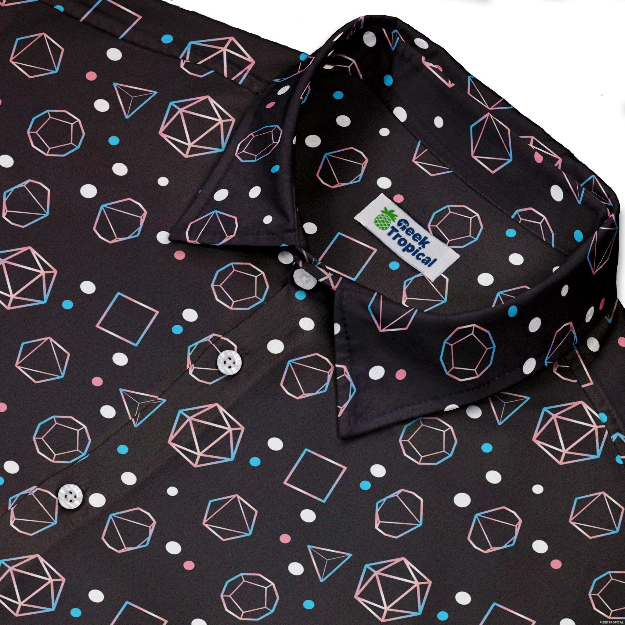 Trans Pride Flag DND Dice Button Up Shirt - adult sizing - Design by Heather Davenport - dnd & rpg print