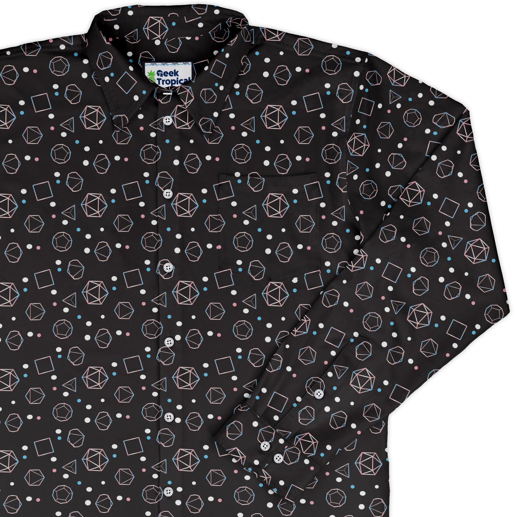 Trans Pride Flag Dnd Dice Long Sleeve Button Up Shirt