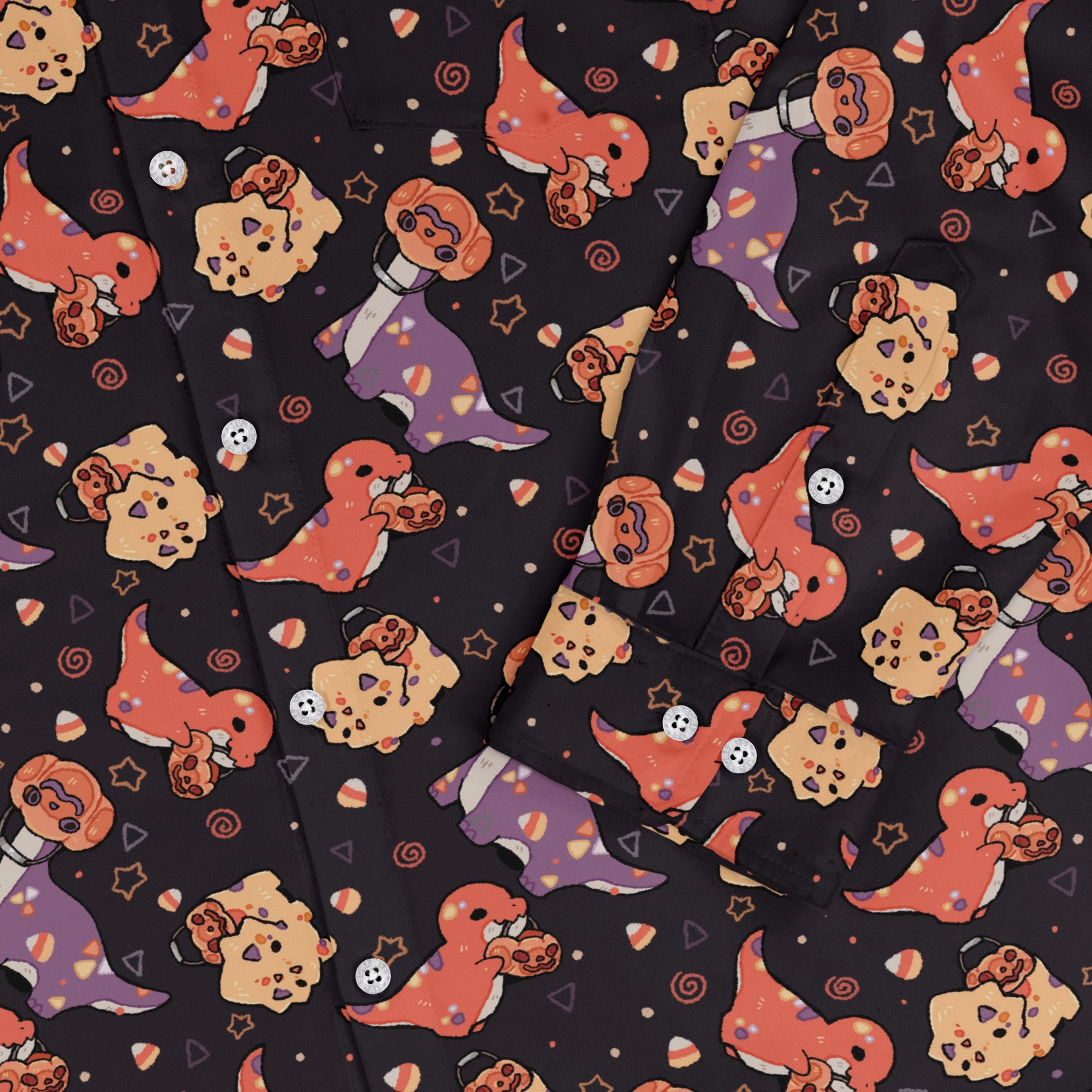 Trick or Treat Dinos Long Sleeve Button Up Shirt Geek Nerd 0925 adult sizing All Adult Button Up Shirts