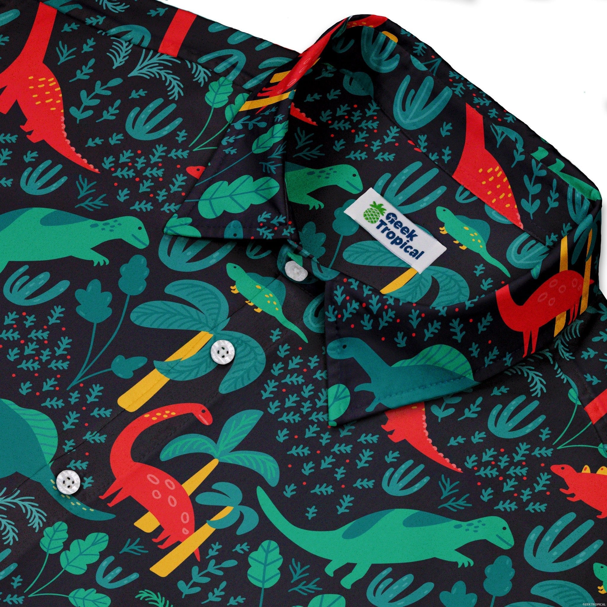 Tropical Dinosaur Green Aloha Button Up Shirt - adult sizing - dinosaur print - Maximalist Patterns