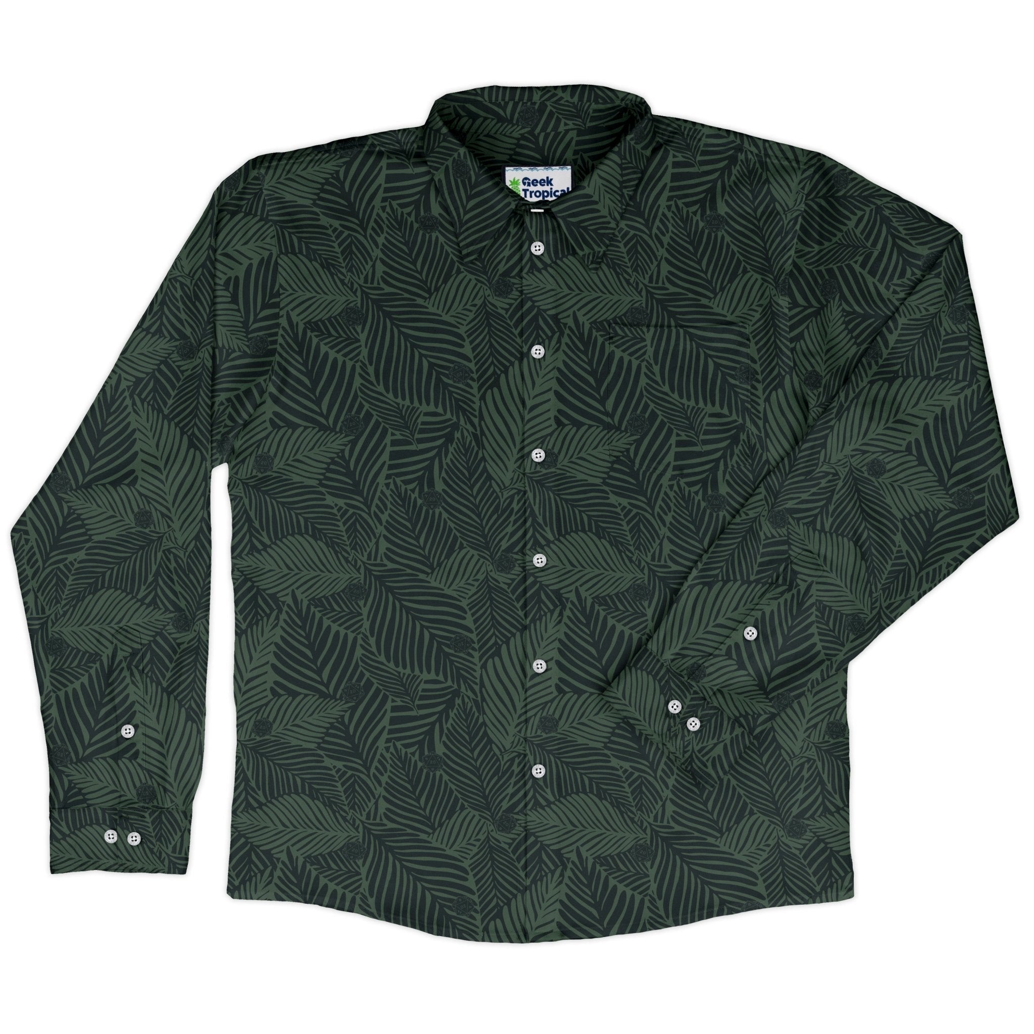 Tropical Dnd Dice Long Sleeve Button Up Shirt Geek Nerd adult sizing Design by Dunking Toast dnd & rpg print