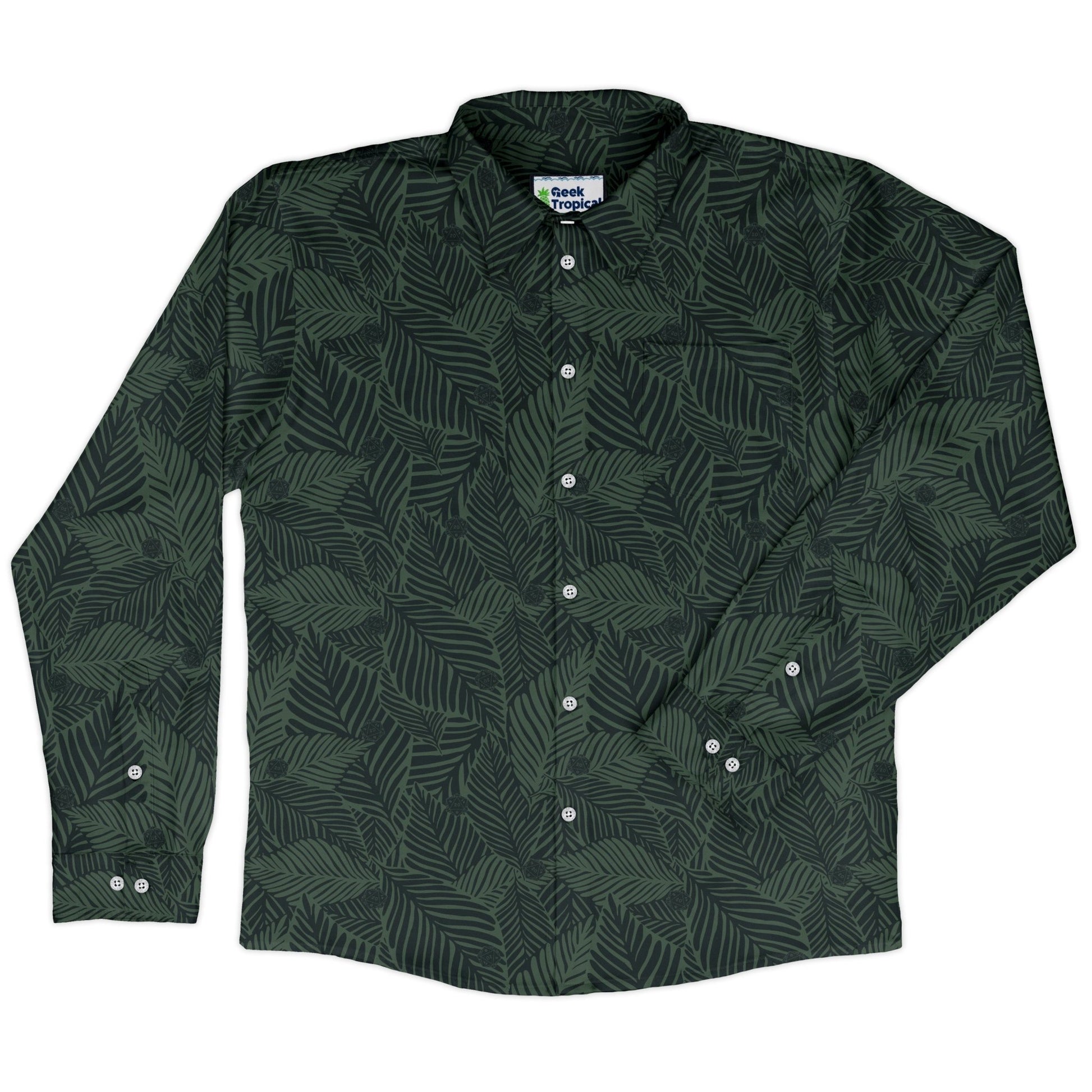 Tropical Dnd Dice Long Sleeve Button Up Shirt Geek Nerd adult sizing Design by Dunking Toast dnd & rpg print