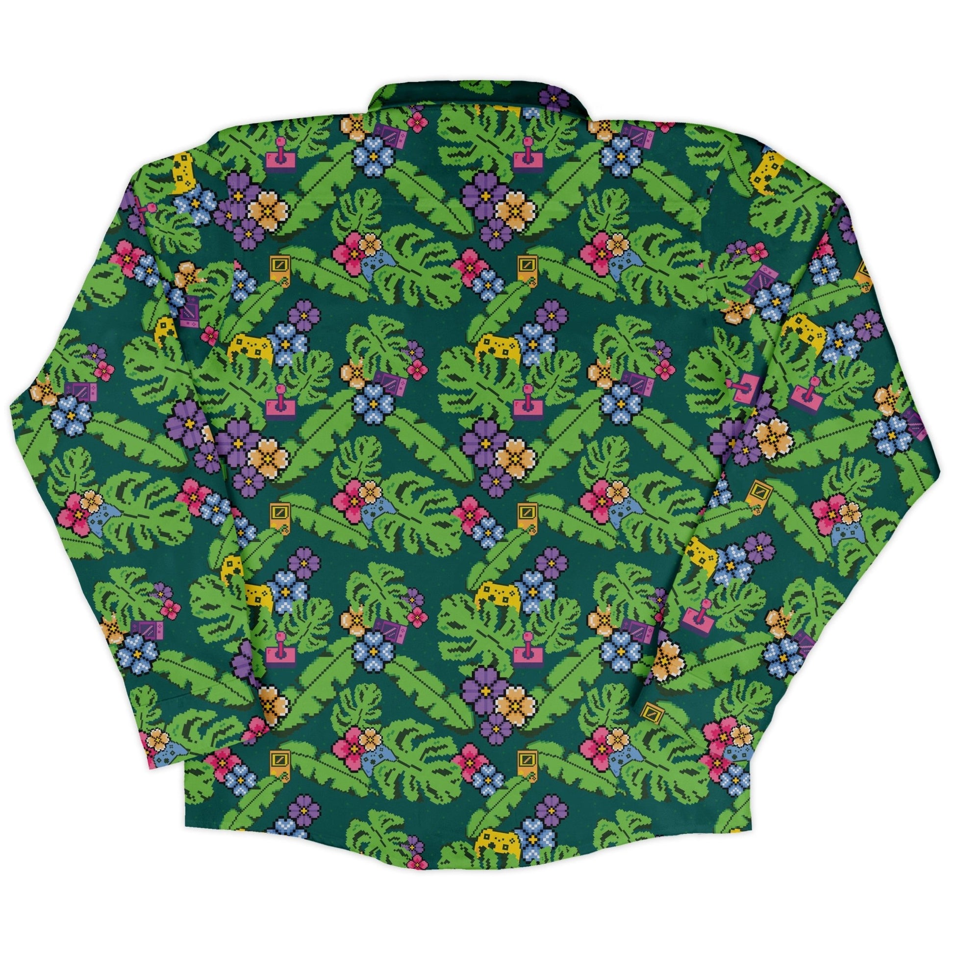 Tropical Video Game Pixels Long Sleeve Button Up Shirt Geek Nerd adult sizing Design by Dunking Toast FLOW DESC WRITING