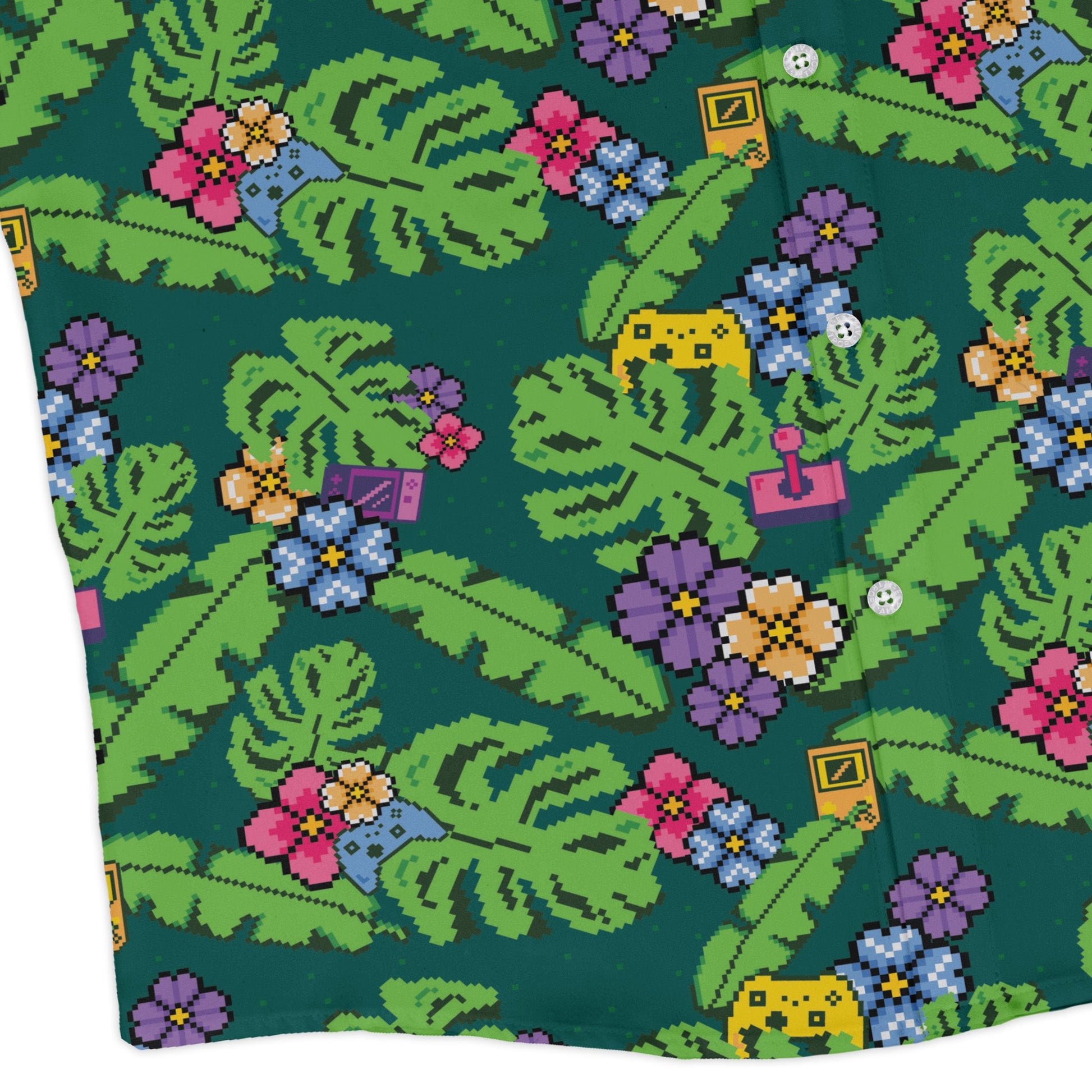 Tropical Video Game Pixels Long Sleeve Button Up Shirt Geek Nerd adult sizing Design by Dunking Toast FLOW DESC WRITING