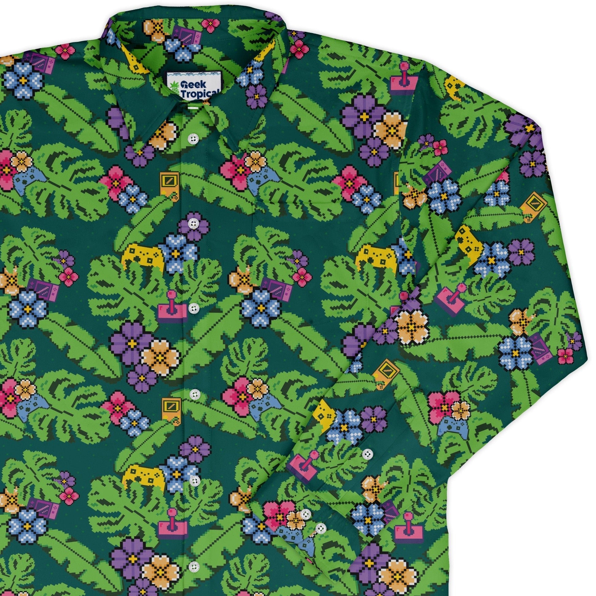 Tropical Video Game Pixels Long Sleeve Button Up Shirt Geek Nerd adult sizing Design by Dunking Toast FLOW DESC WRITING