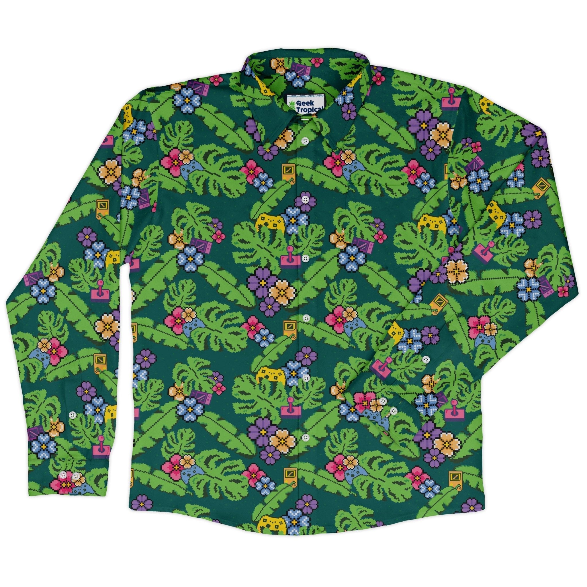 Tropical Video Game Pixels Long Sleeve Button Up Shirt Geek Nerd adult sizing Design by Dunking Toast FLOW DESC WRITING