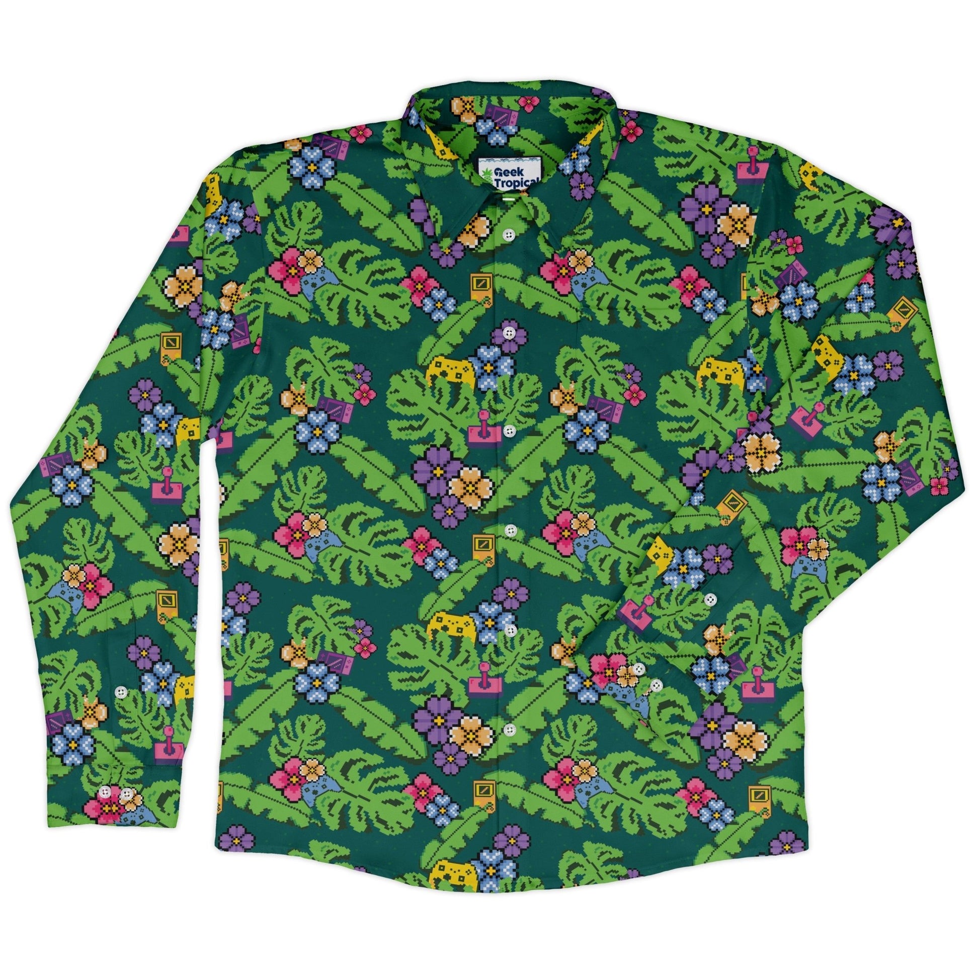 Tropical Video Game Pixels Long Sleeve Button Up Shirt Geek Nerd adult sizing Design by Dunking Toast FLOW DESC WRITING