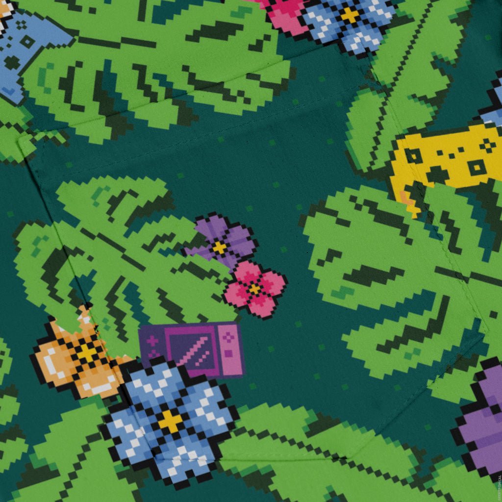 Tropical Video Game Pixels Long Sleeve Button Up Shirt Geek Nerd adult sizing Design by Dunking Toast FLOW DESC WRITING