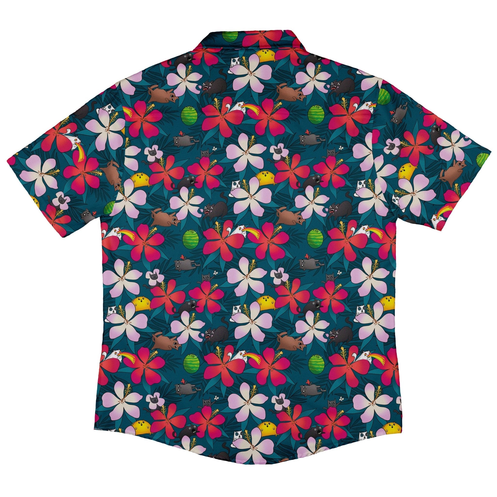 Tropical Exploding Kittens Button Up Shirt - adult sizing - Animal Patterns - board game print