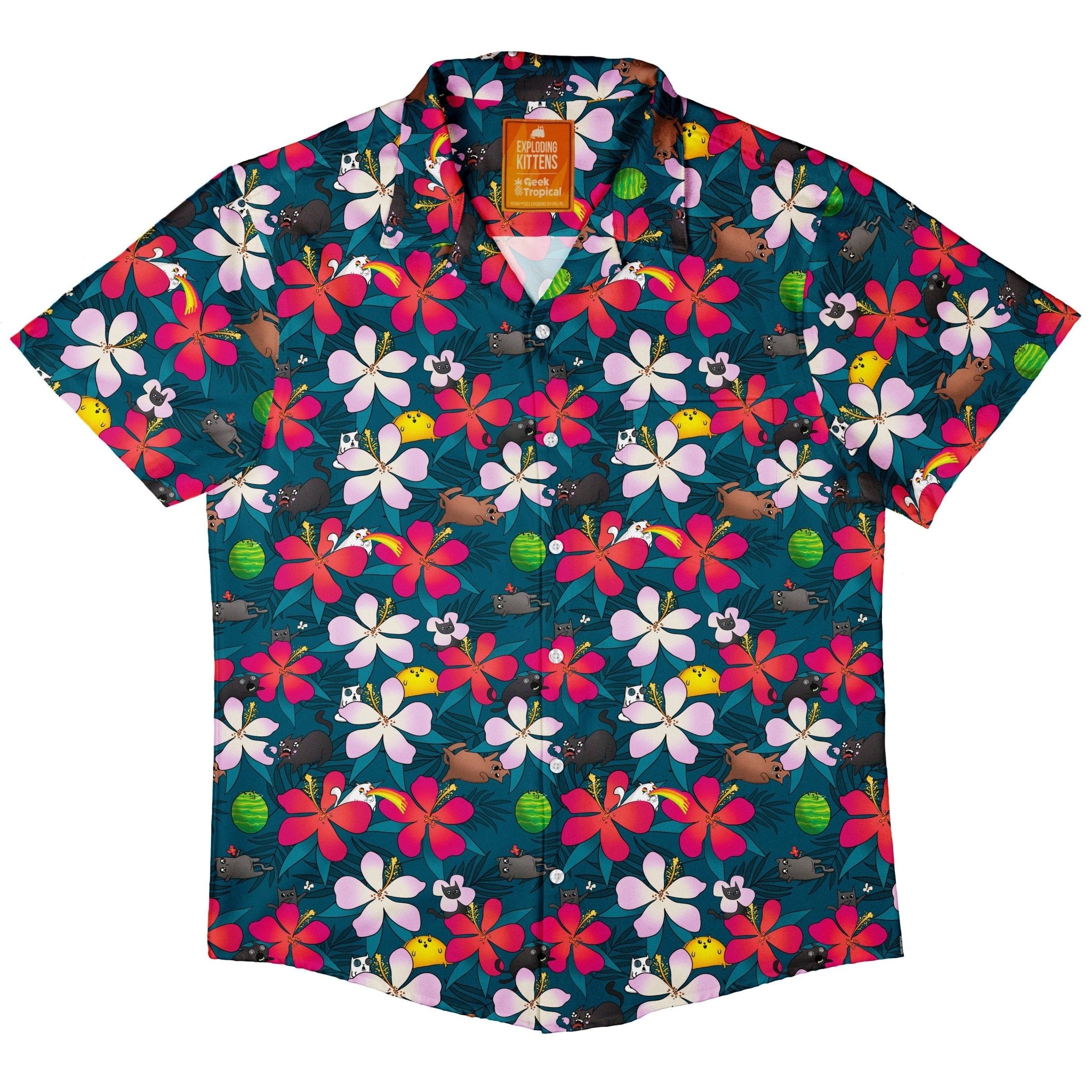 Tropical Exploding Kittens Button Up Shirt - adult sizing - Animal Patterns - board game print