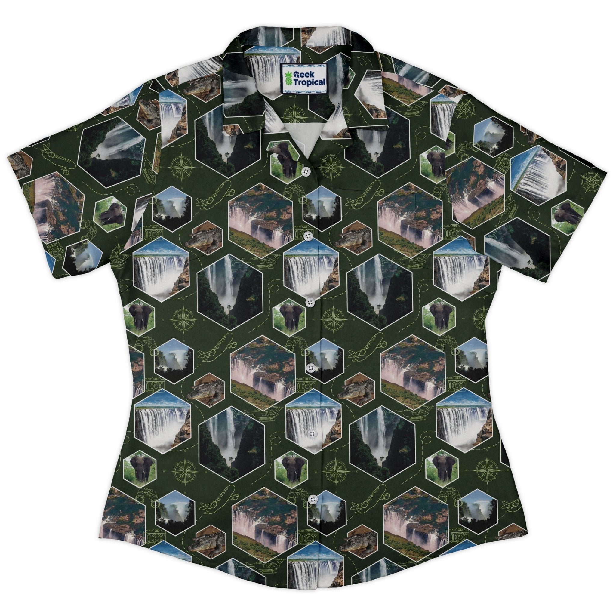 Victoria Falls Wonder Curvy Button Up Shirt Geek Nerd 0925 All Adult Button Up Shirts Animal Patterns