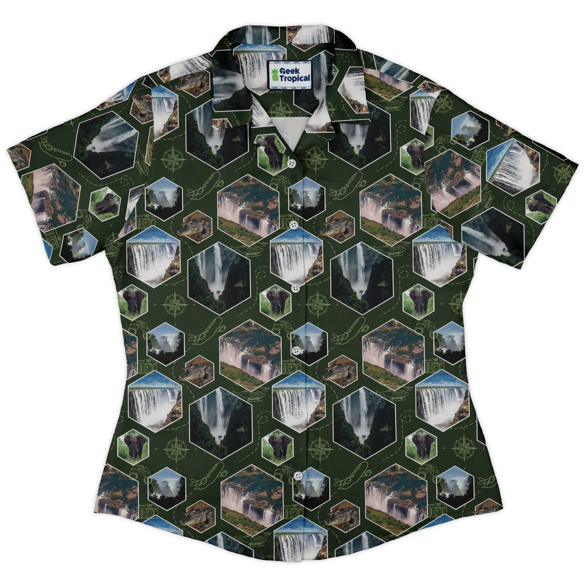 Victoria Falls Wonder Curvy Button Up Shirt Geek Nerd 0925 All Adult Button Up Shirts Animal Patterns