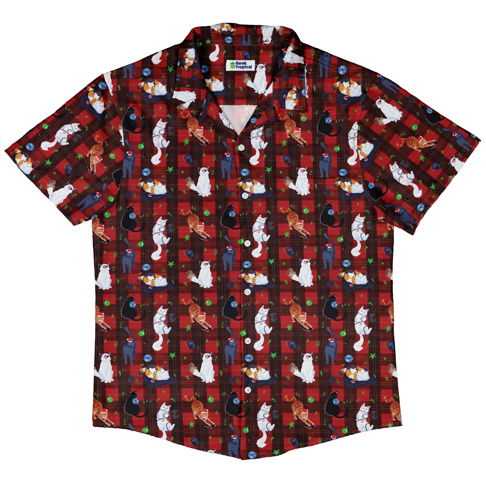 Video Game Cats Christmas Button Up Shirt Geek Nerd adult sizing Christmas Print Design by Claire Murphy