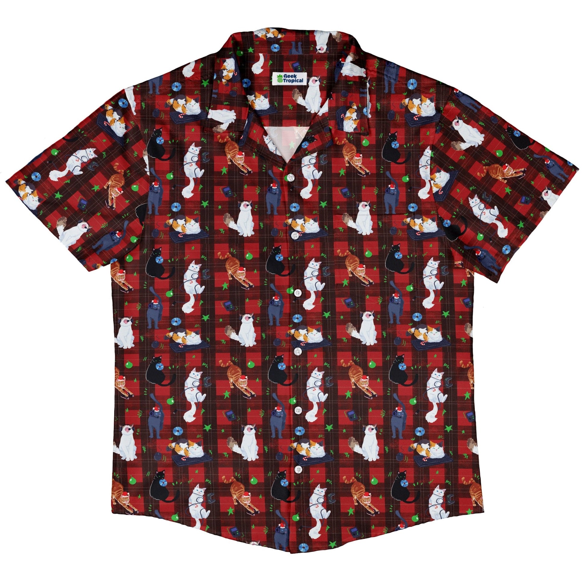 Video Game Cats Christmas Button Up Shirt Geek Nerd adult sizing Christmas Print Design by Claire Murphy
