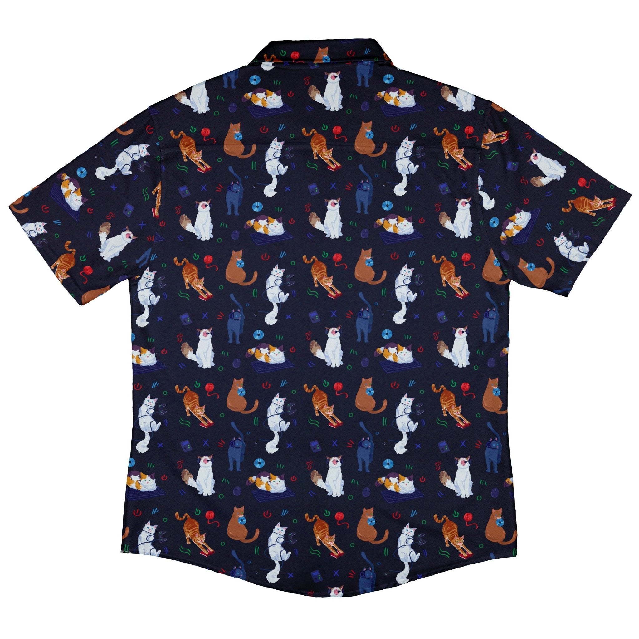 Video Game Cats Dark Button Up Shirt - adult sizing - Animal Patterns - Design by Claire Murphy