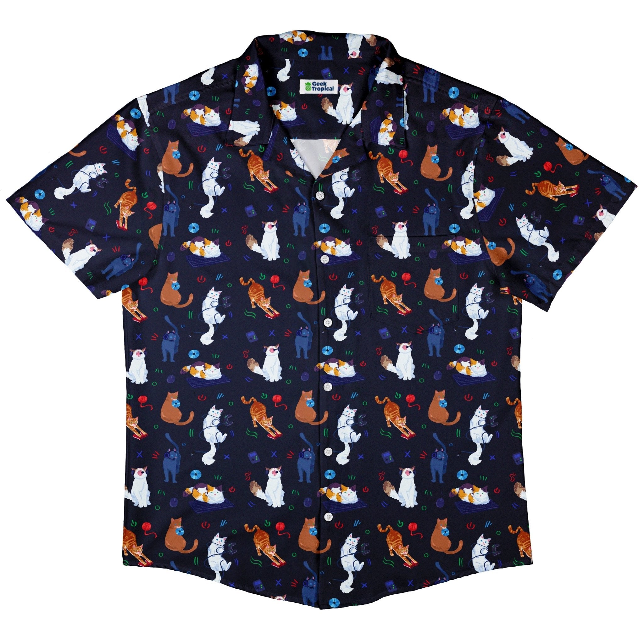 Video Game Cats Dark Button Up Shirt - adult sizing - Animal Patterns - Design by Claire Murphy