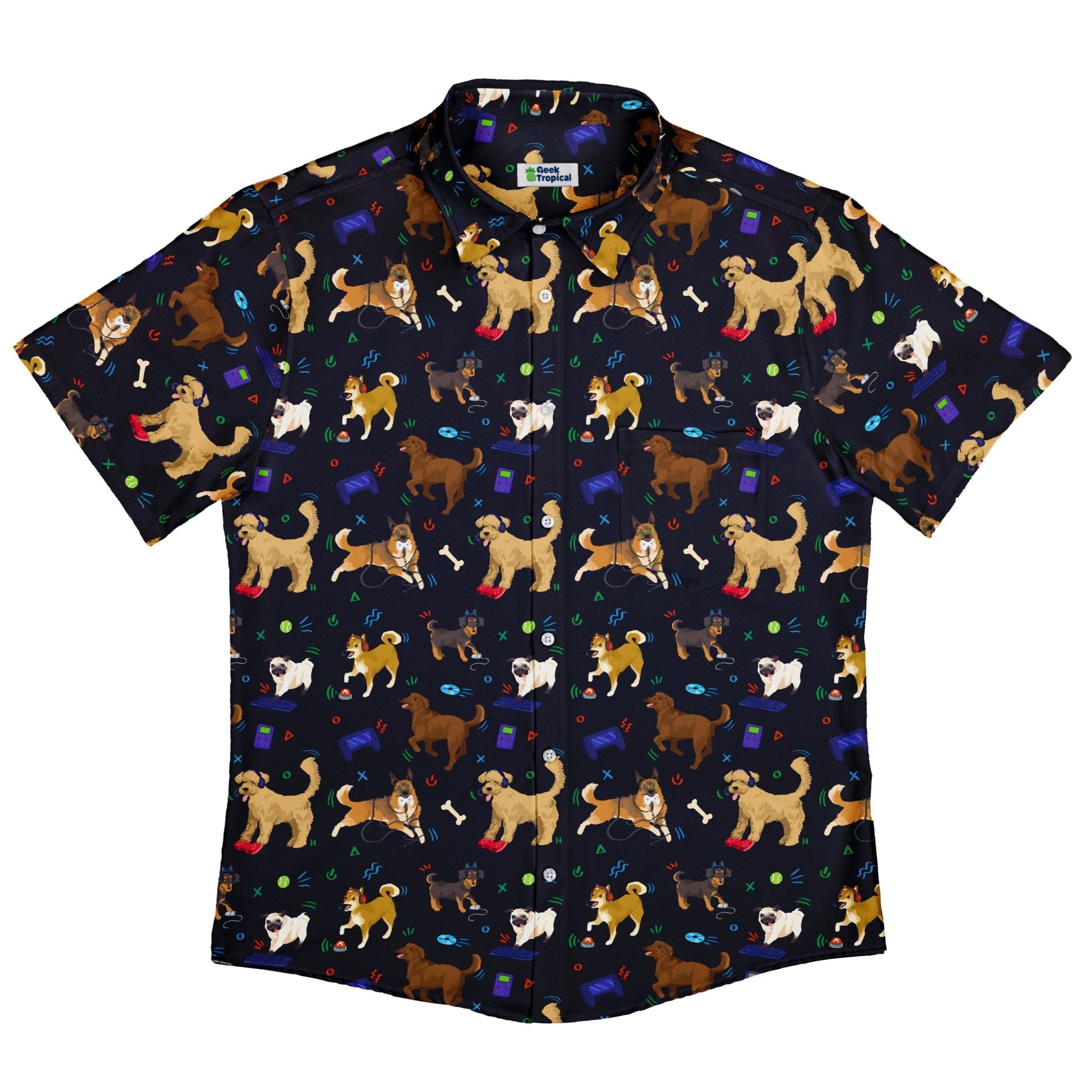 Video Game Dogs Dark Button Up Shirt - adult sizing - Animal Patterns - Design by Claire Murphy