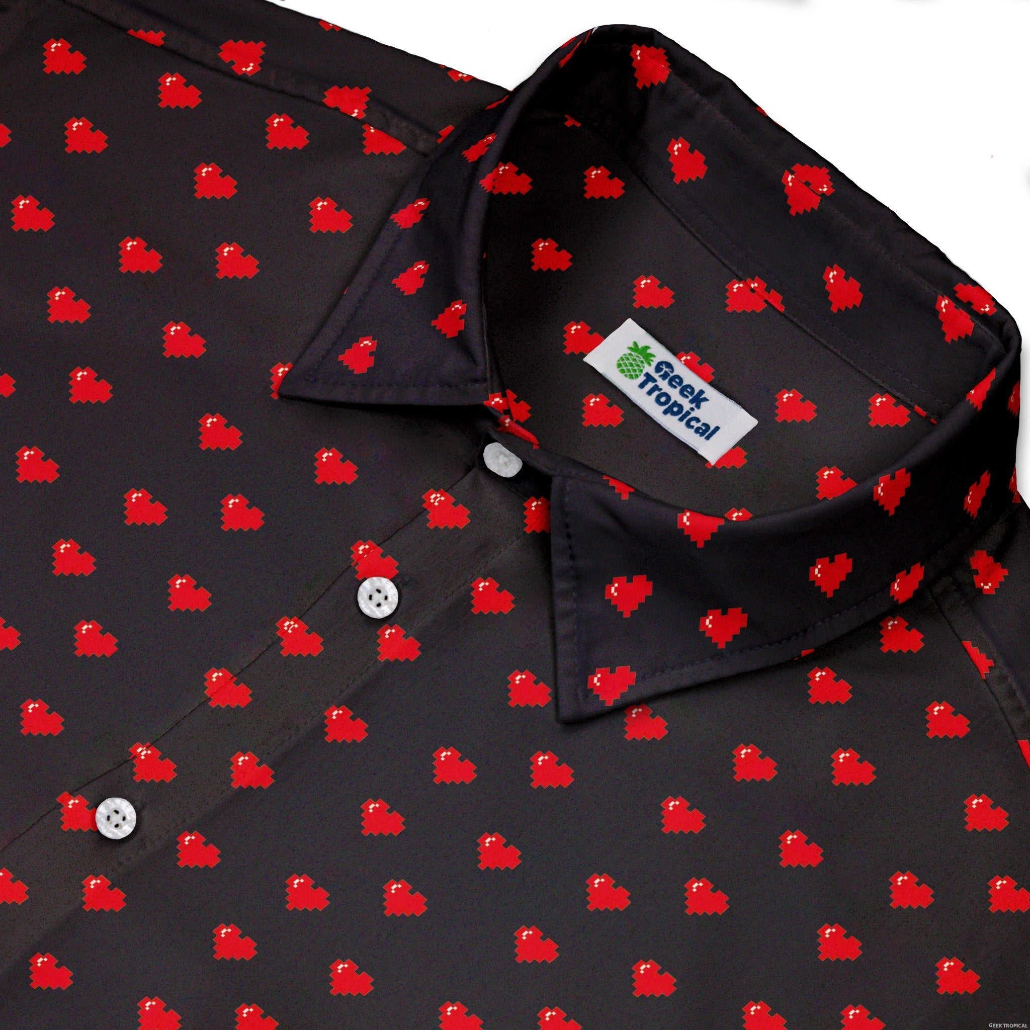 Video Game Hearts Black Button Up Shirt - adult sizing - Design by Heather Davenport - Simple Patterns